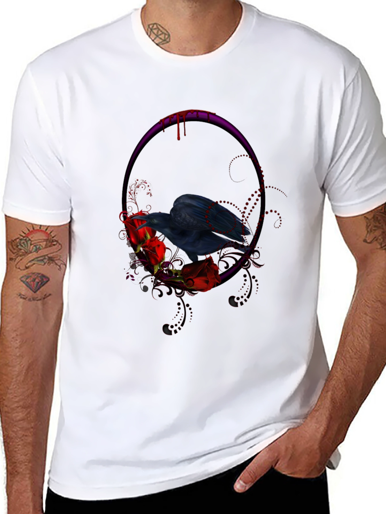 Gothic Raven & Roses Graphic Tee - Black