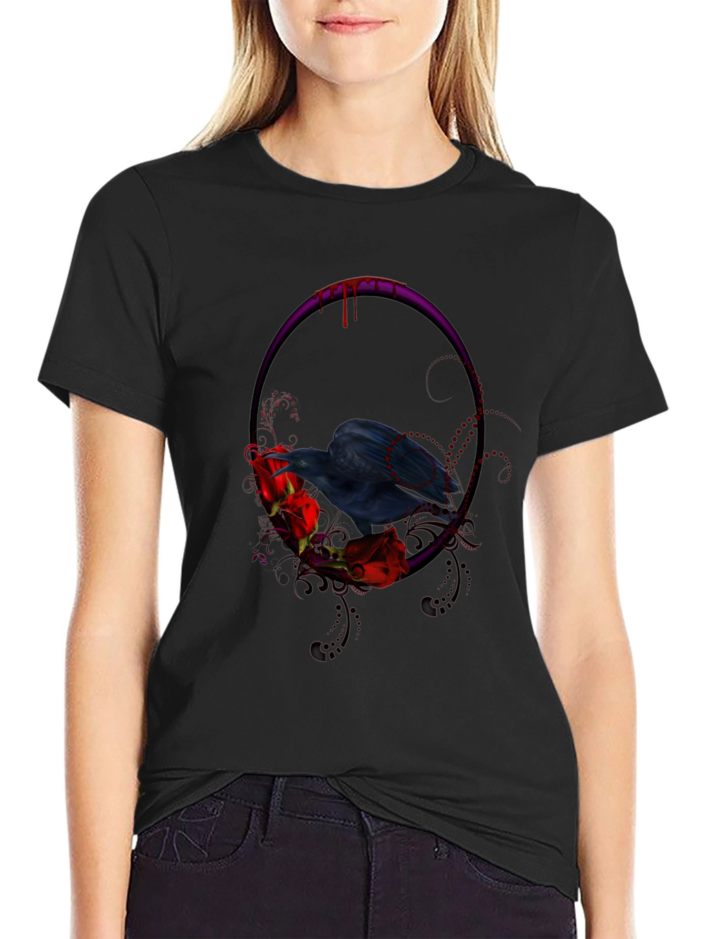 Gothic Raven & Roses Graphic Tee - Black