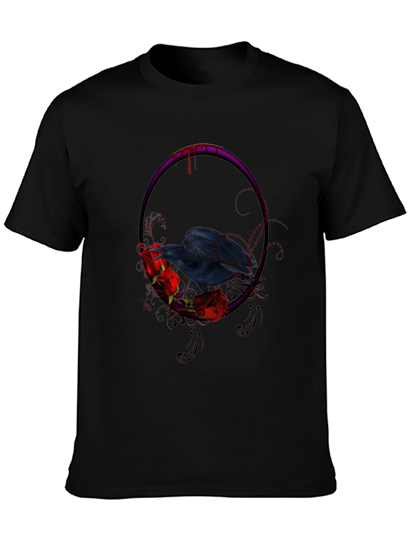 Gothic Raven & Roses Graphic Tee - Black