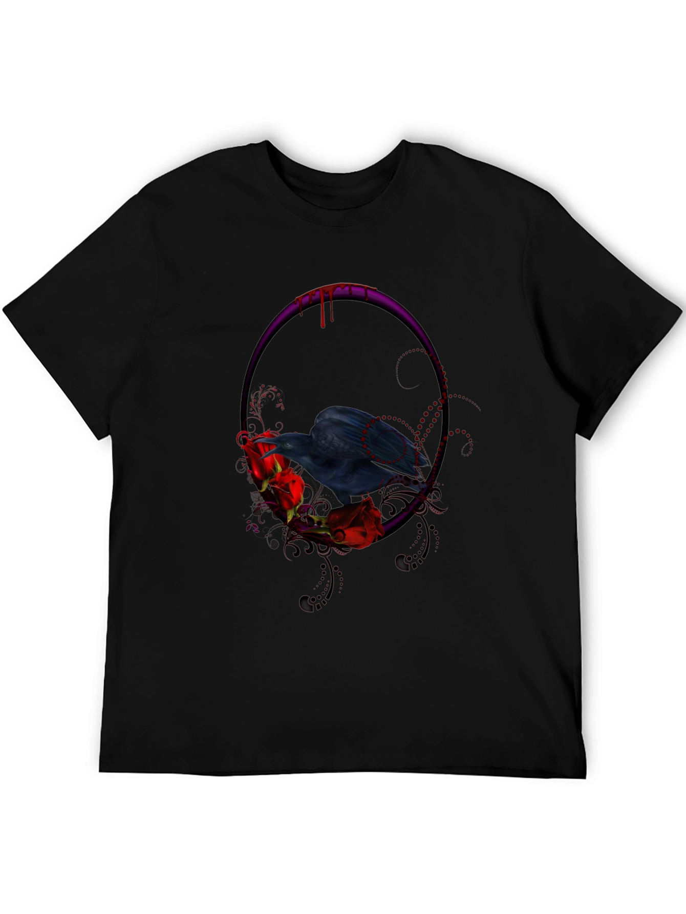 Gothic Raven & Roses Graphic Tee - Black