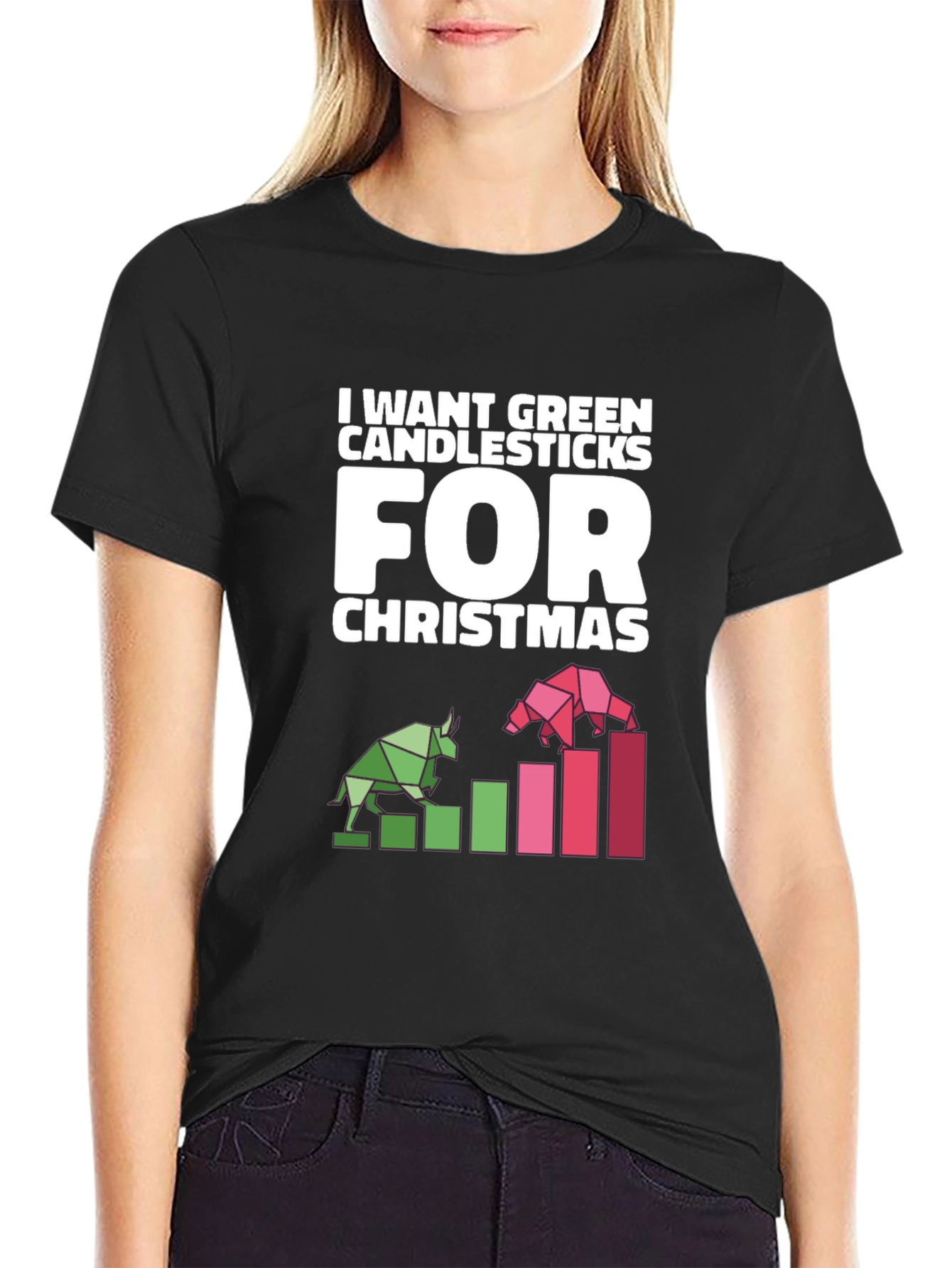 Green Candlesticks Christmas T-Shirt - Stock Market Bull Bear