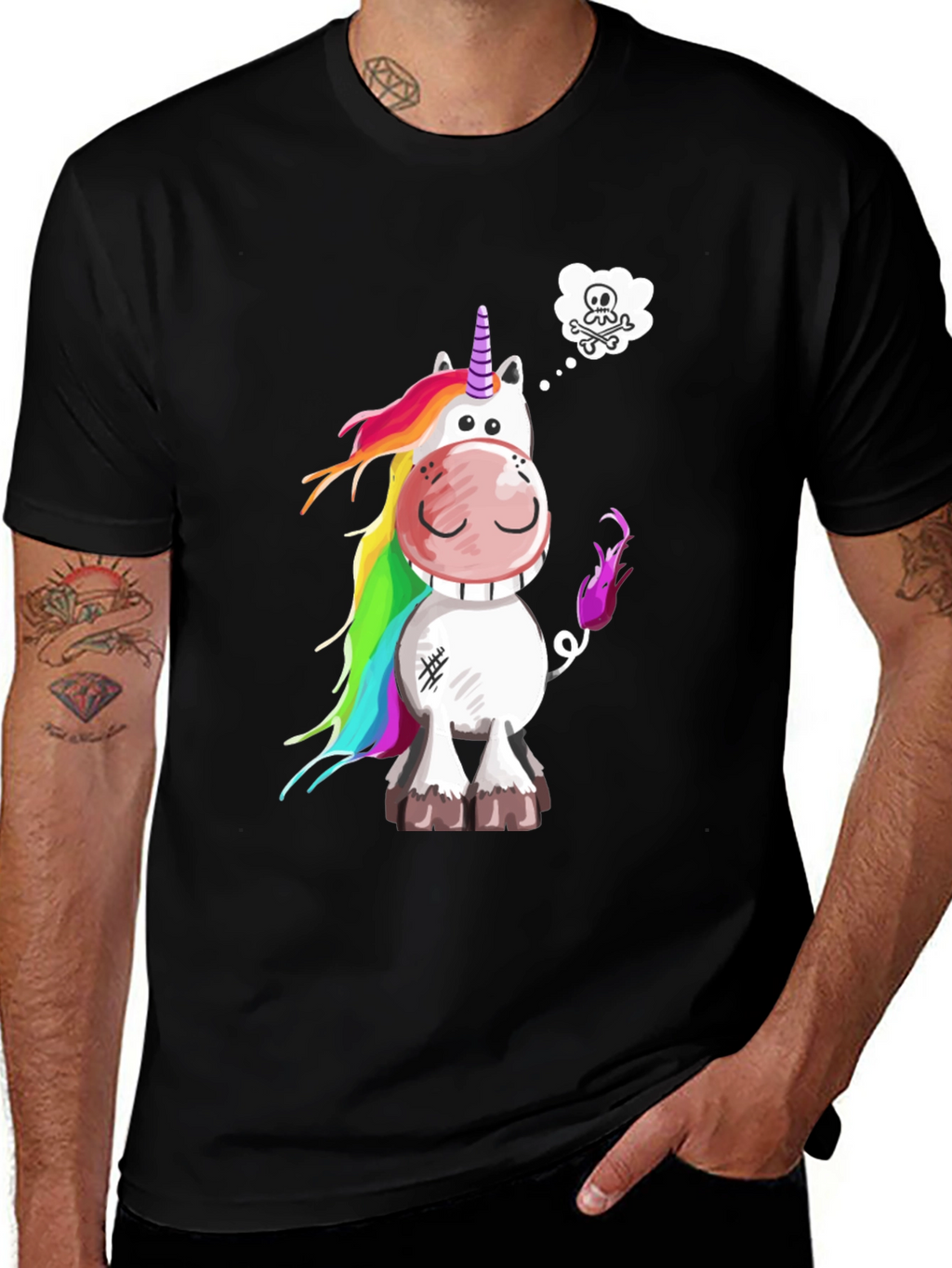 Unicorn Skull Wish Mens Black T-Shirt