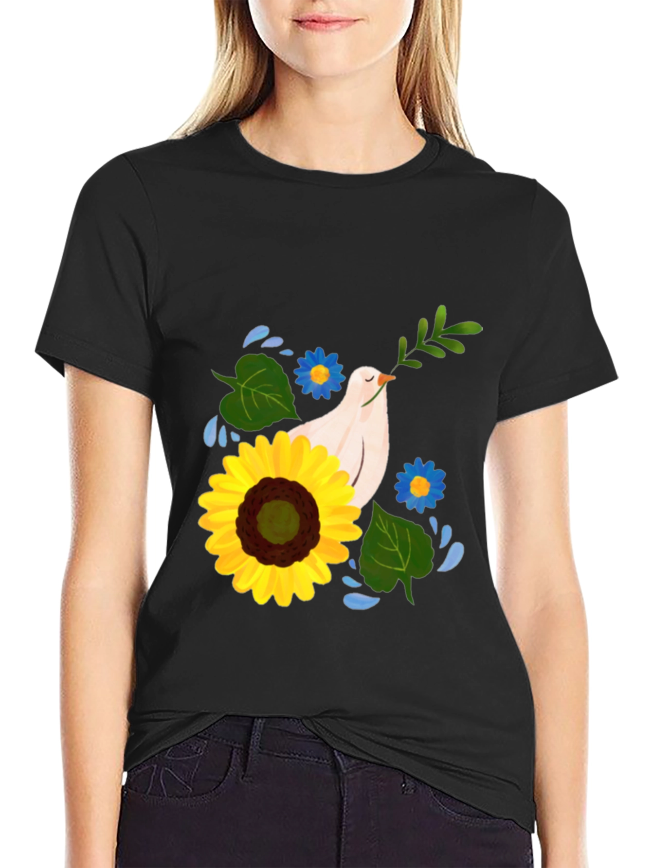 Peace Dove & Sunflower Black Graphic Tee