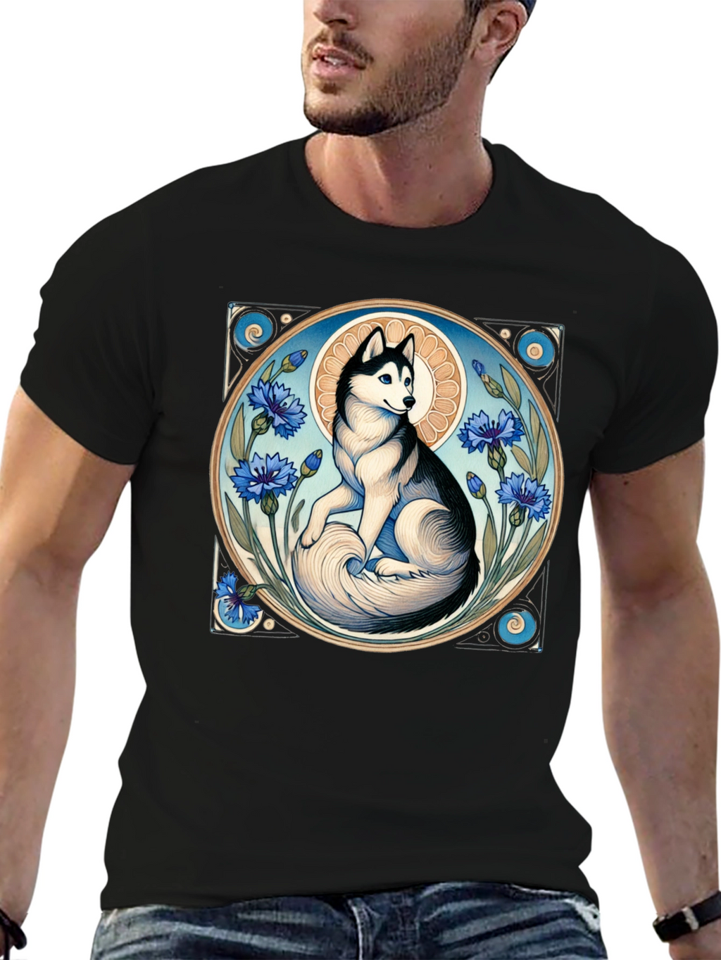 Husky Art Nouveau Black T-Shirt