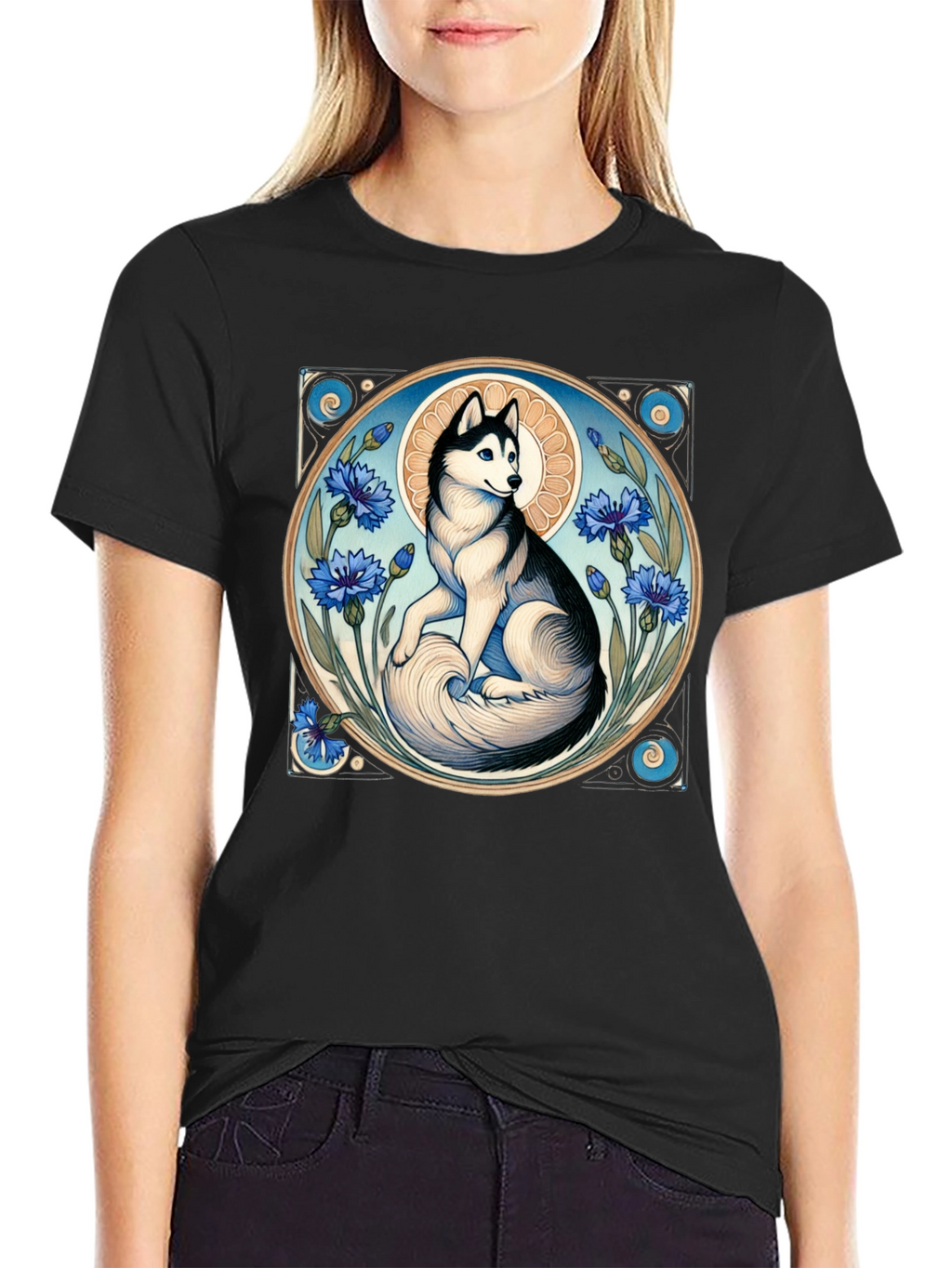 Husky Art Nouveau Black T-Shirt
