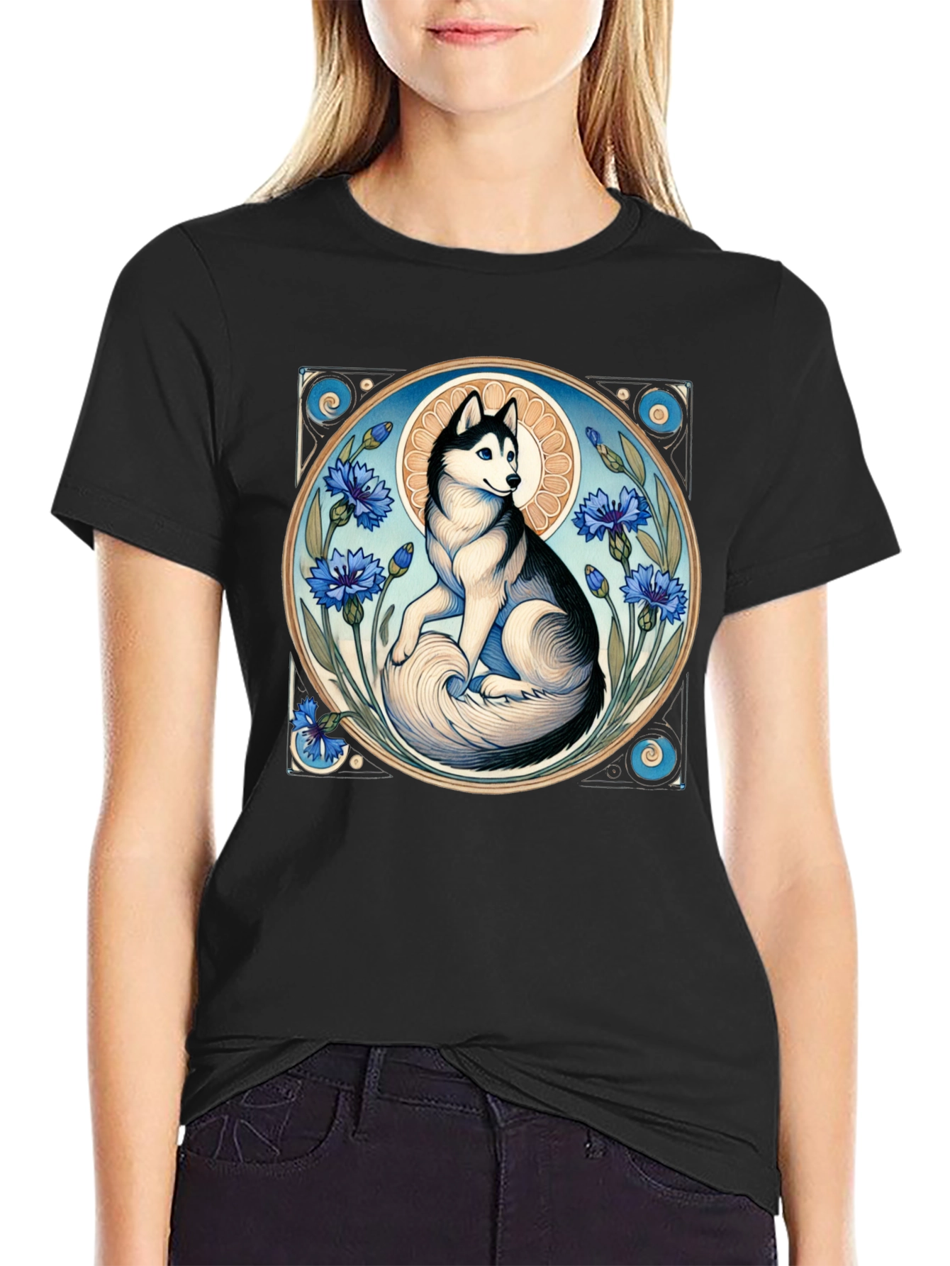 Husky Art Nouveau Black T-Shirt