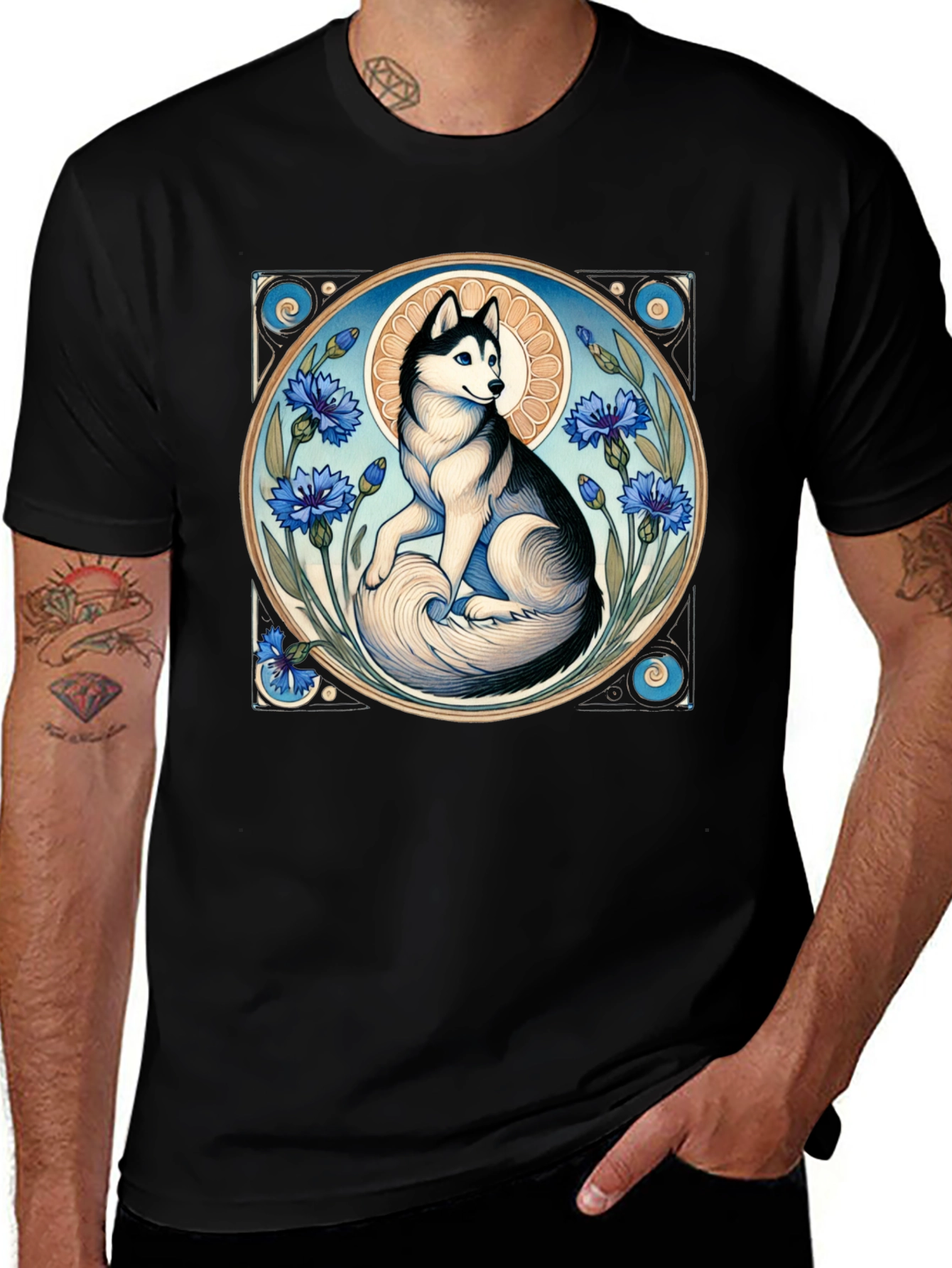 Husky Art Nouveau Black T-Shirt