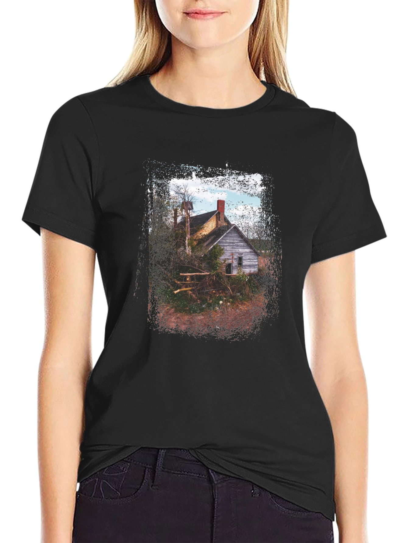Rustic Cabin Graphic Tee - Vintage Style Black T-Shirt