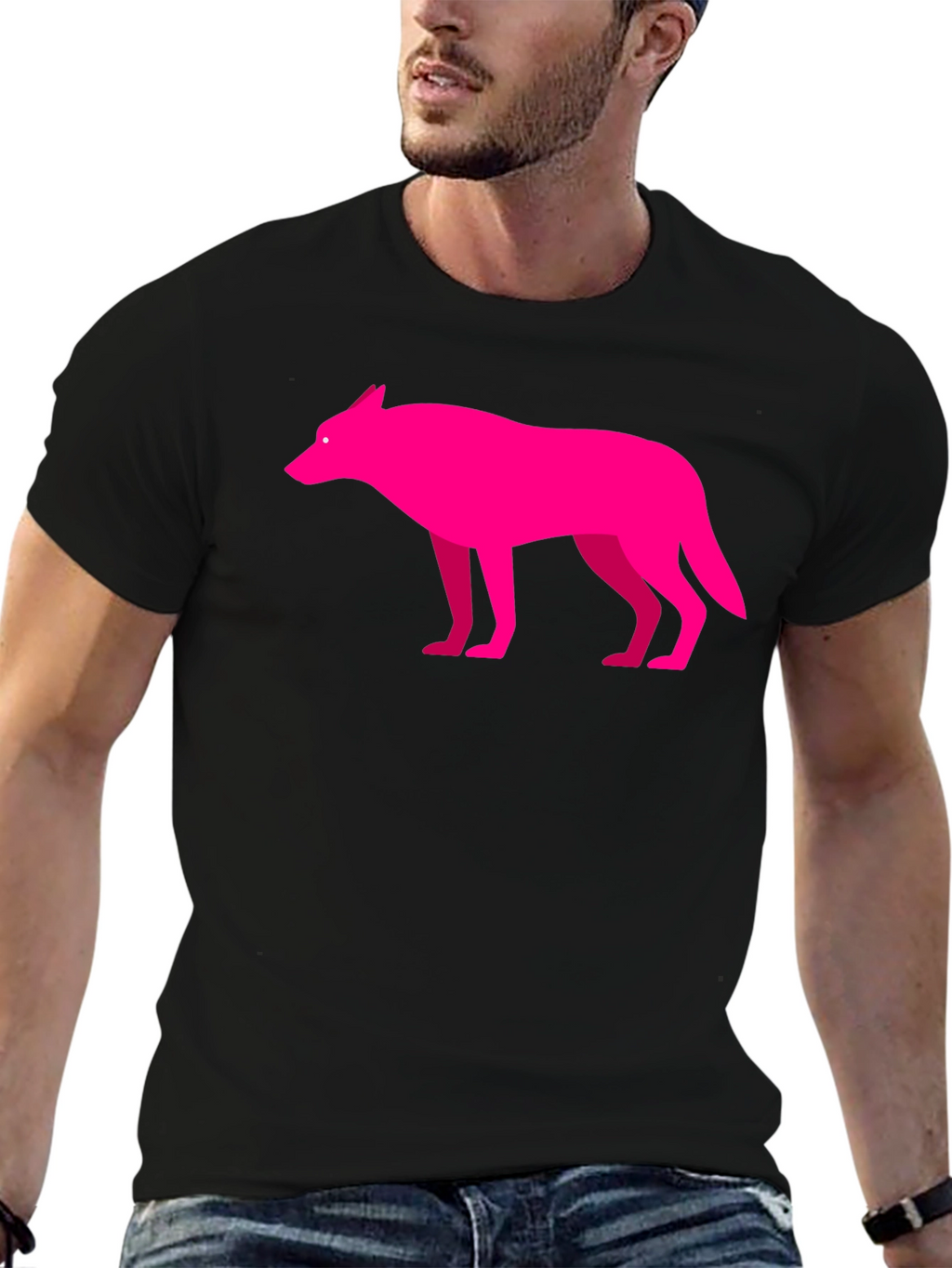 Modern Graphic Pink Wolf on Black T-Shirt