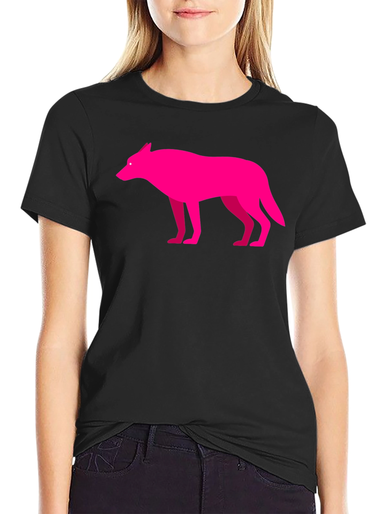 Modern Graphic Pink Wolf on Black T-Shirt