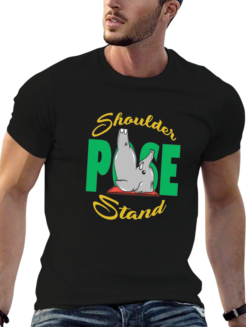 Yoga Elephant Shoulder Pose Stand Black T-Shirt