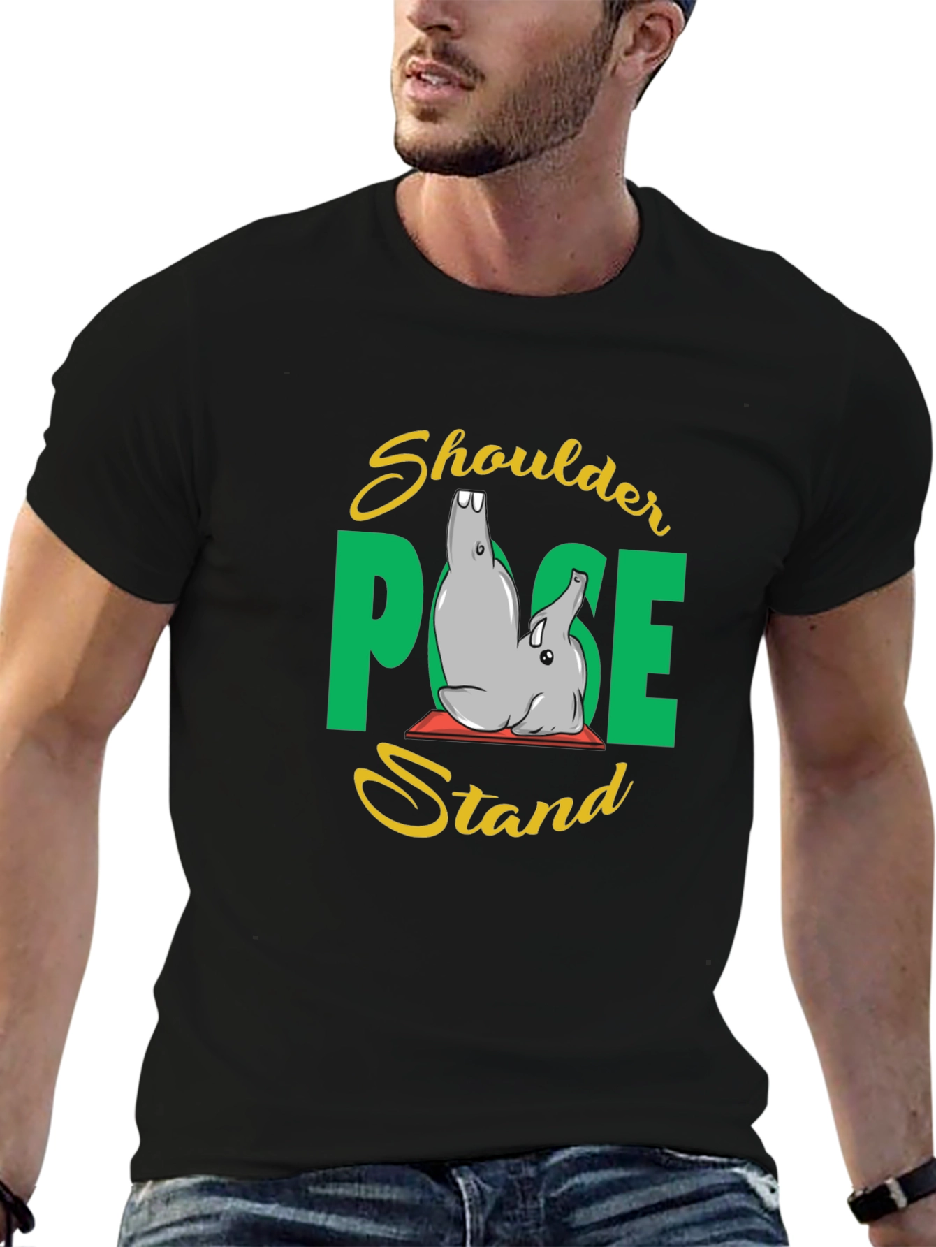 Yoga Elephant Shoulder Pose Stand Black T-Shirt
