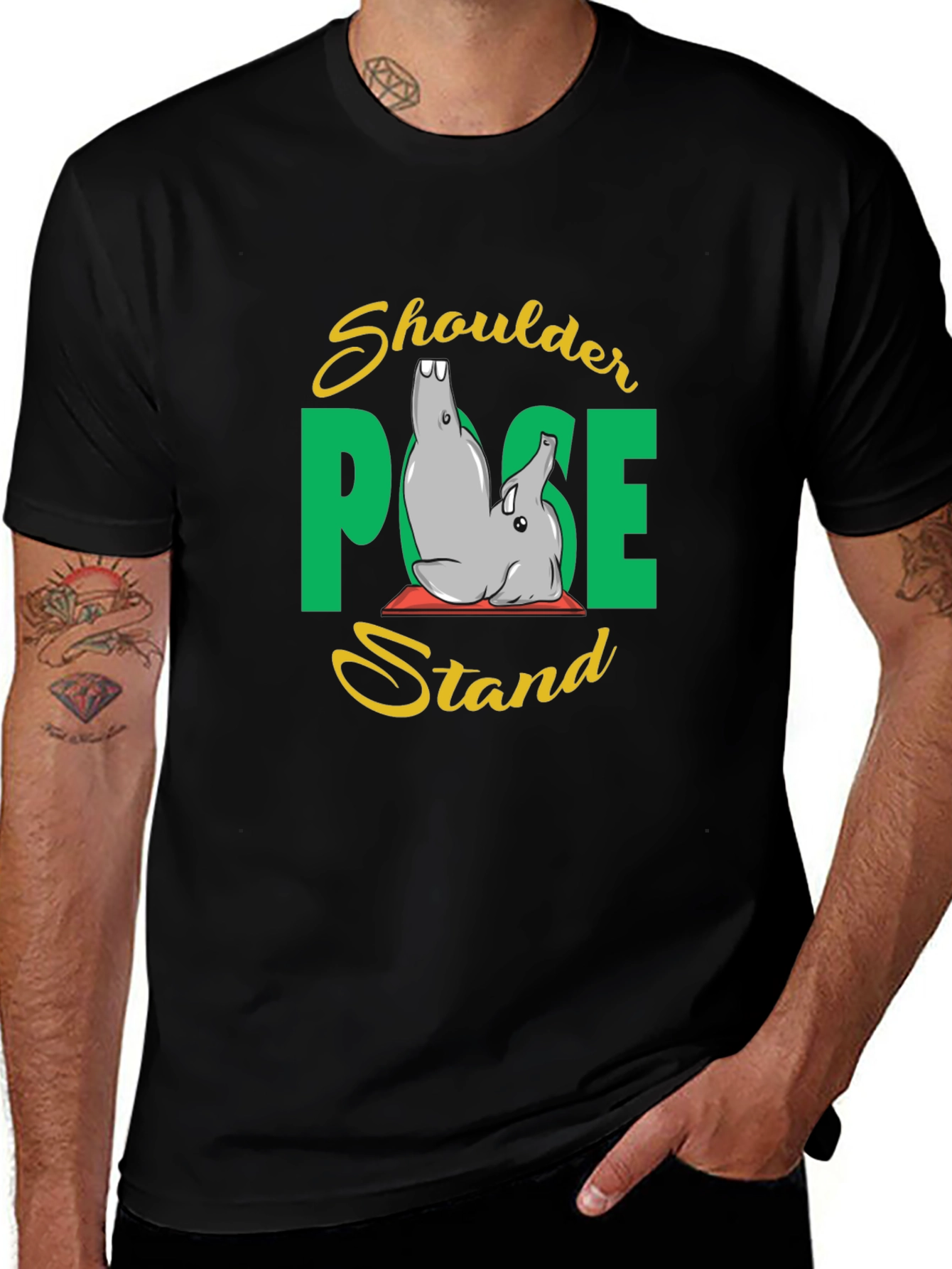 Yoga Elephant Shoulder Pose Stand Black T-Shirt