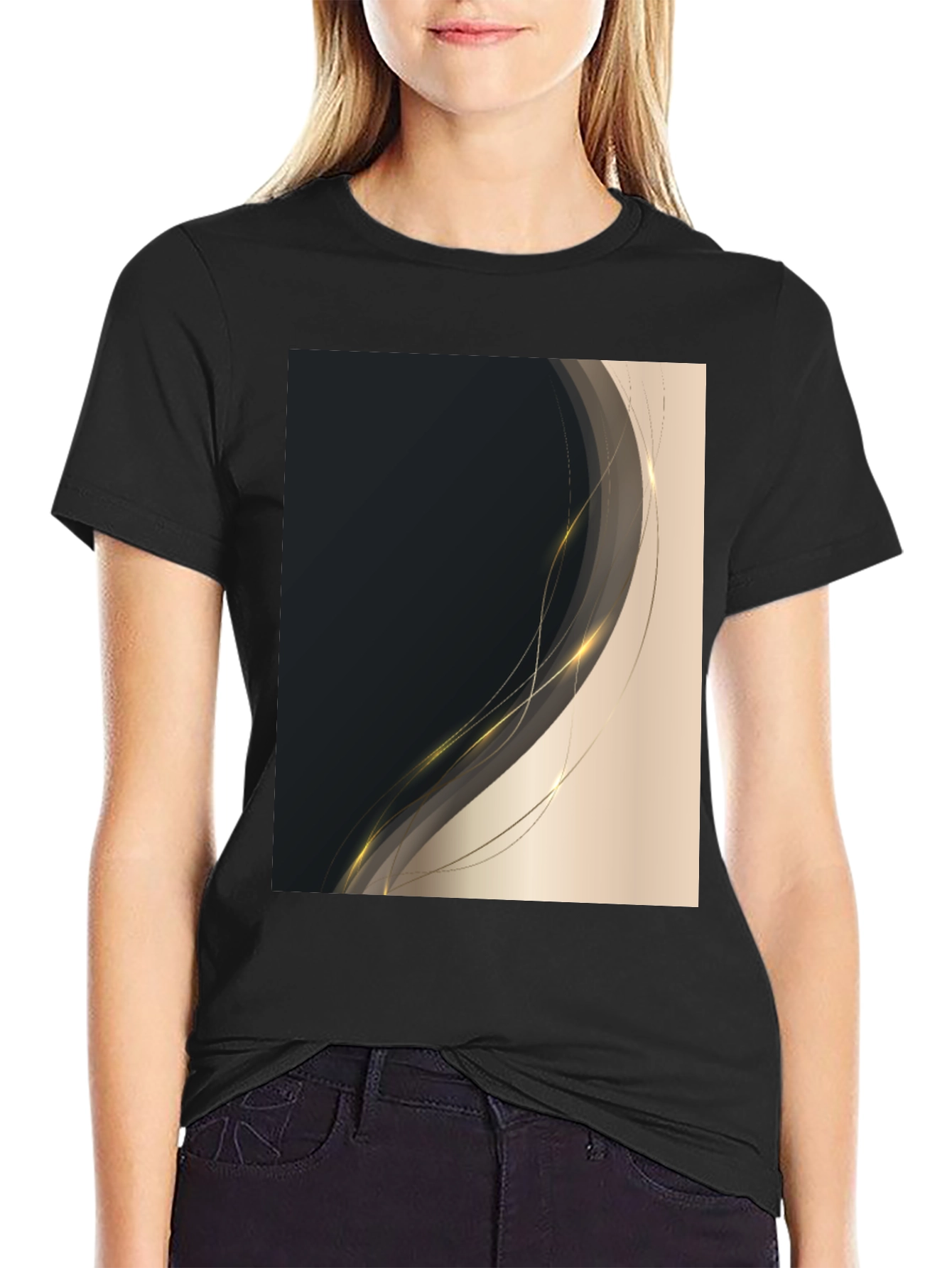 Stylish Black Tee with Abstract Gold Design