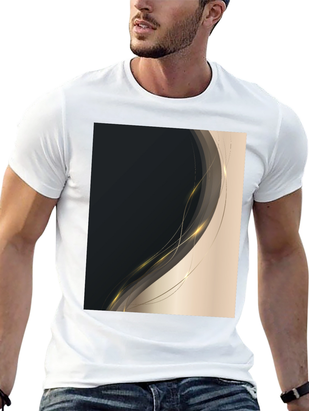 Stylish Black Tee with Abstract Gold Design