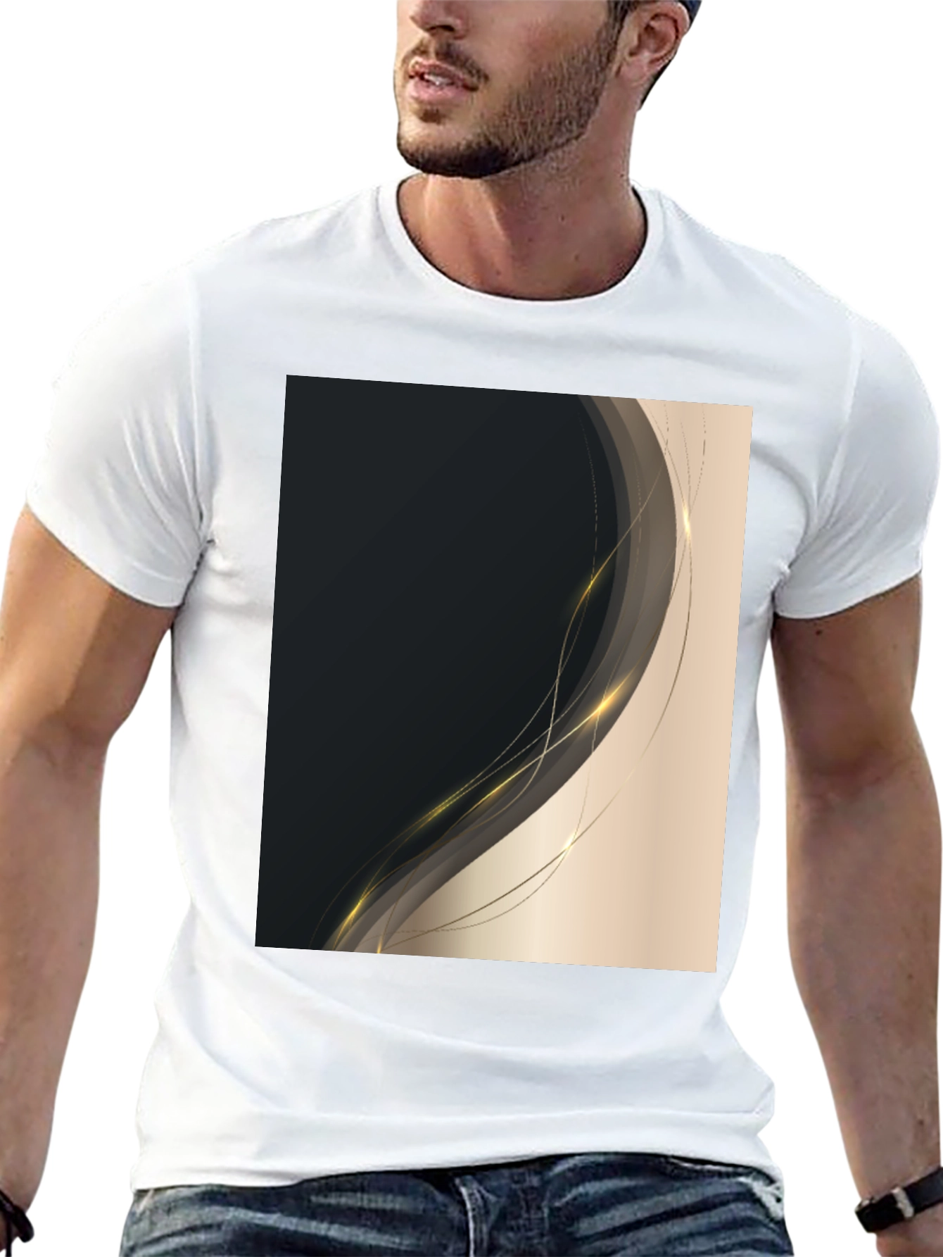 Stylish Black Tee with Abstract Gold Design