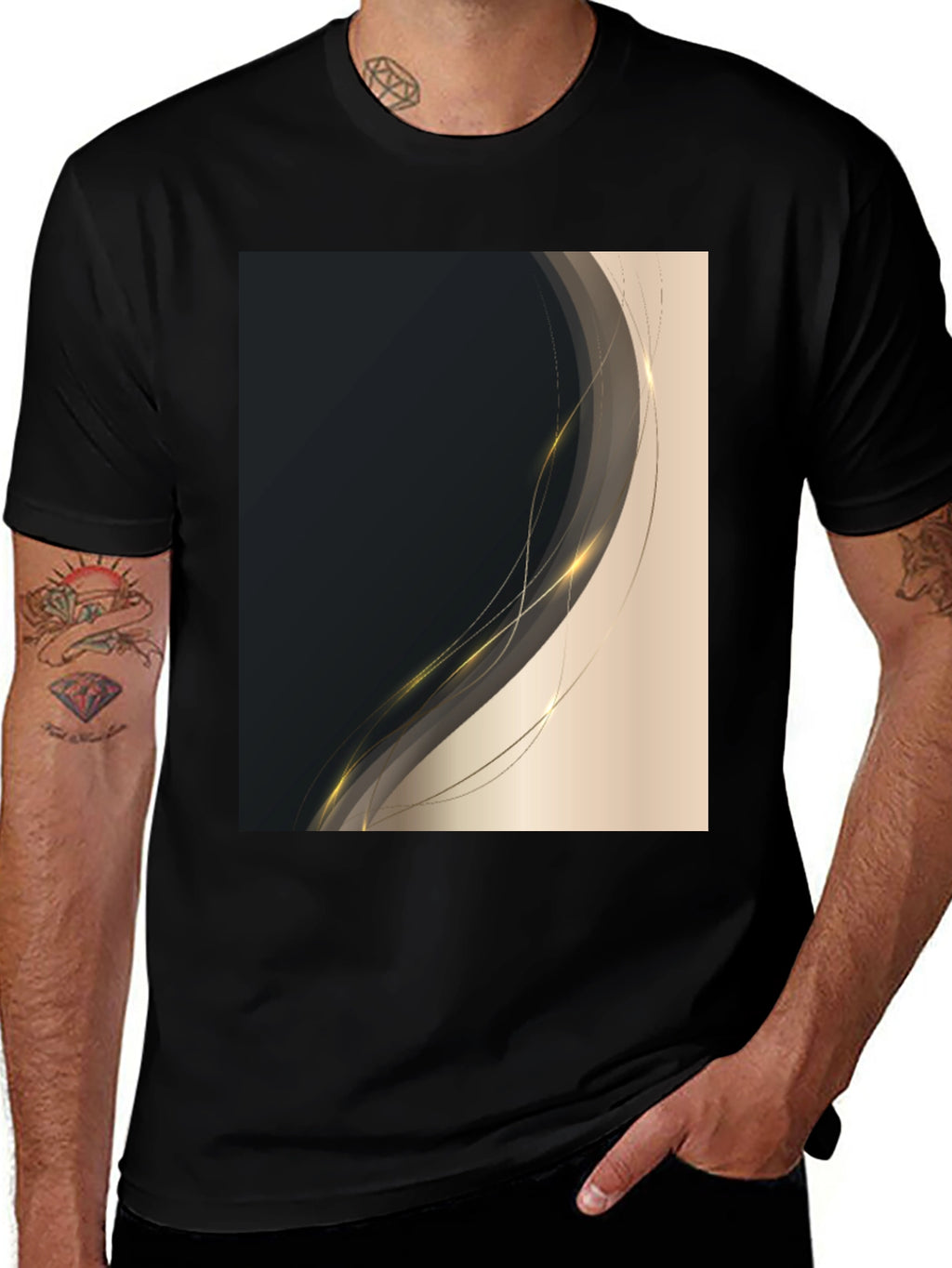 Stylish Black Tee with Abstract Gold Design