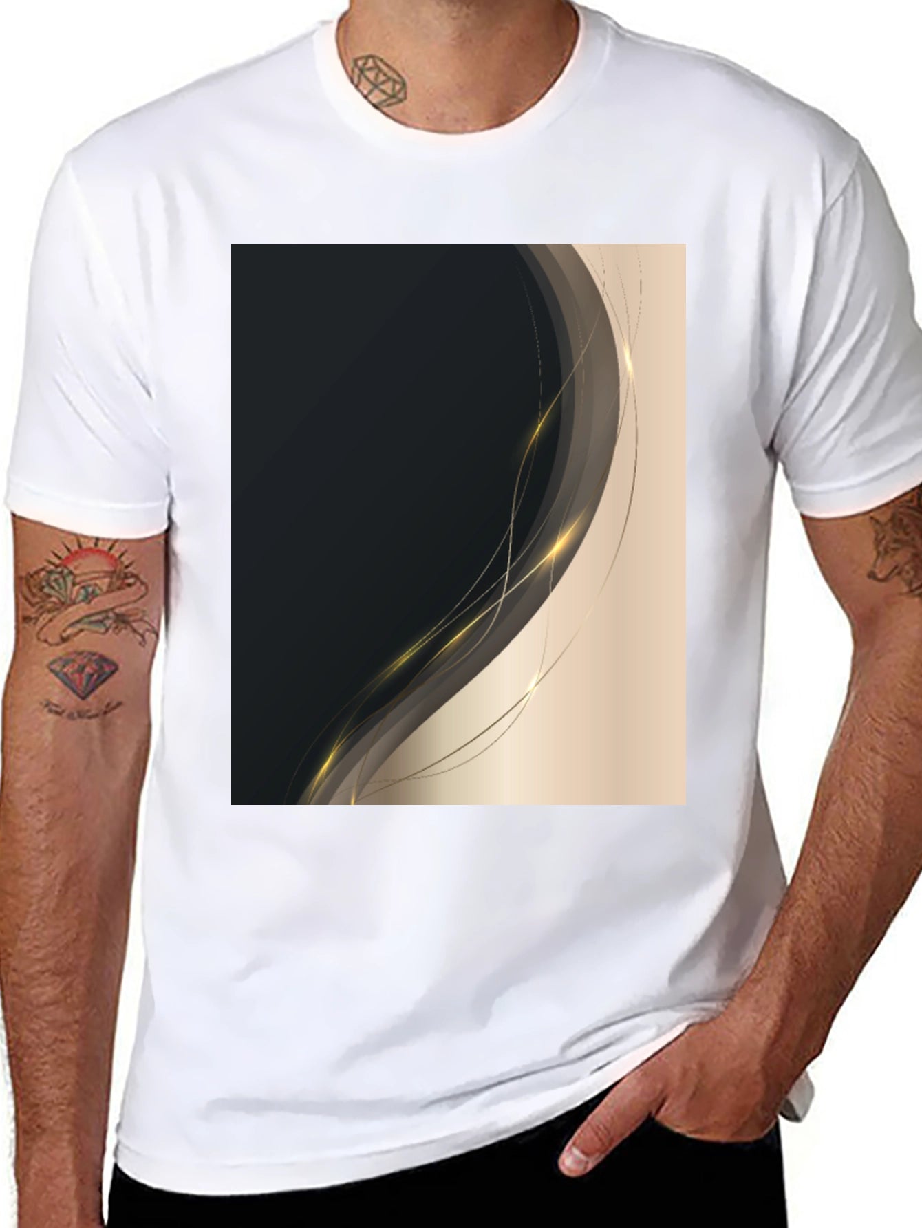 Stylish Black Tee with Abstract Gold Design