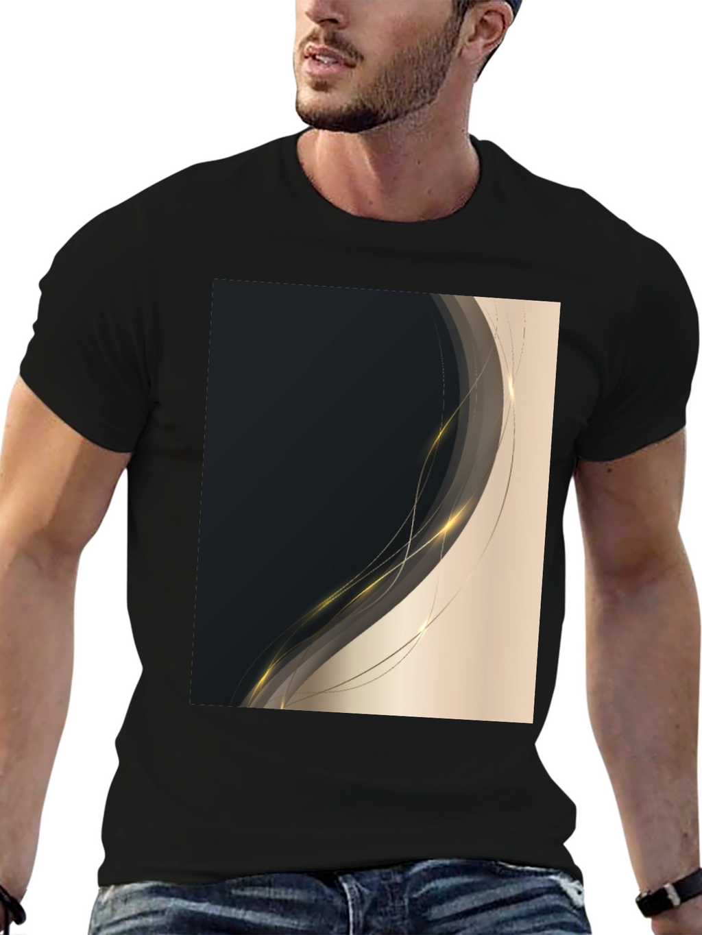 Stylish Black Tee with Abstract Gold Design