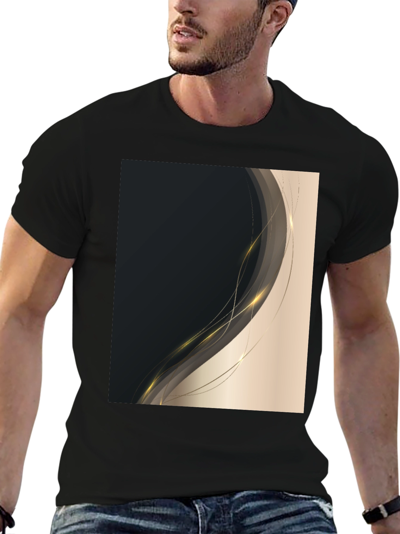 Stylish Black Tee with Abstract Gold Design