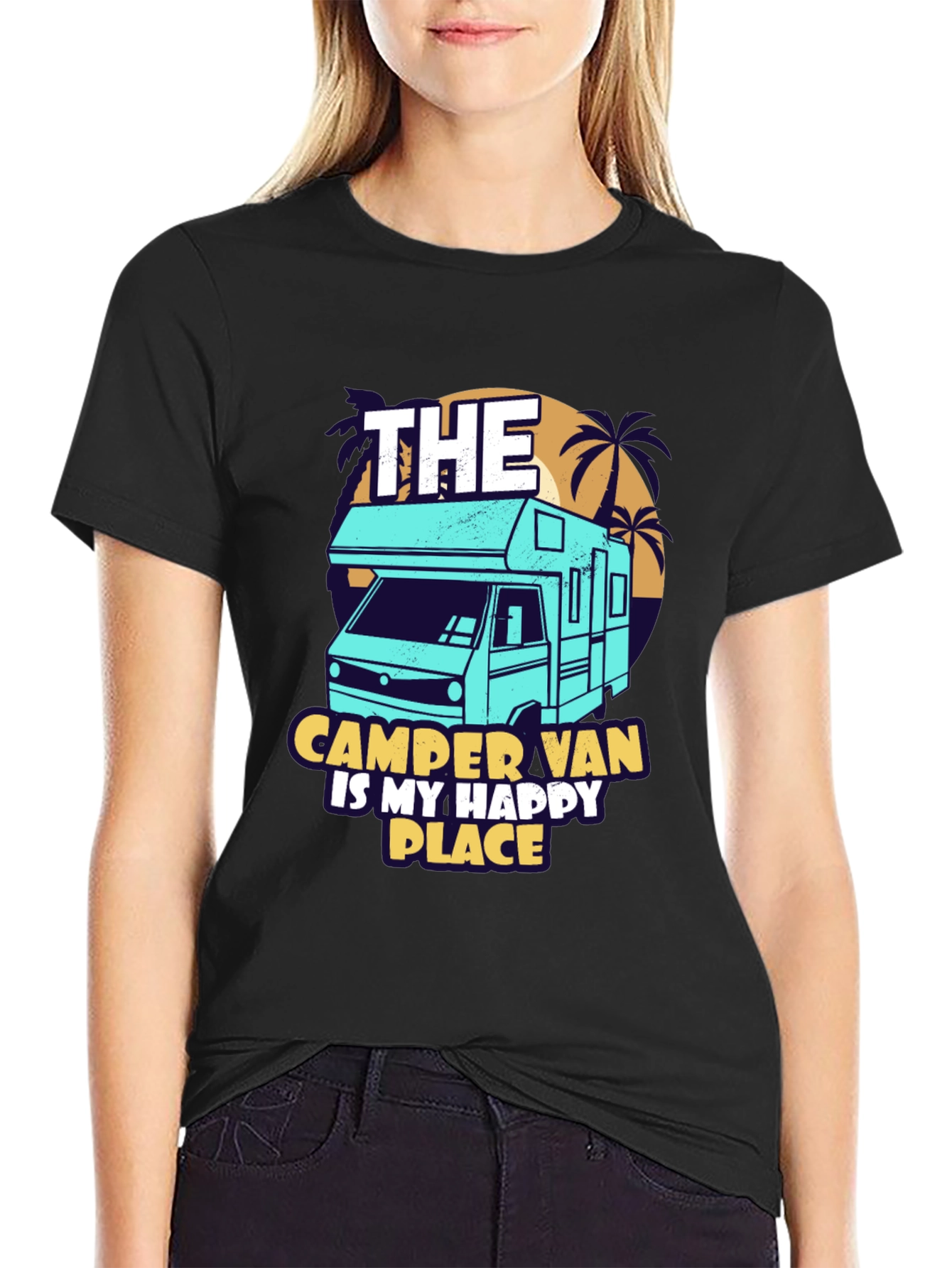 Camper Van Happy Place Black Graphic Tee