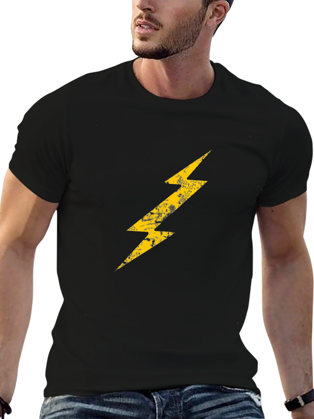 Black T-Shirt with Lightning Bolt Graphic Print