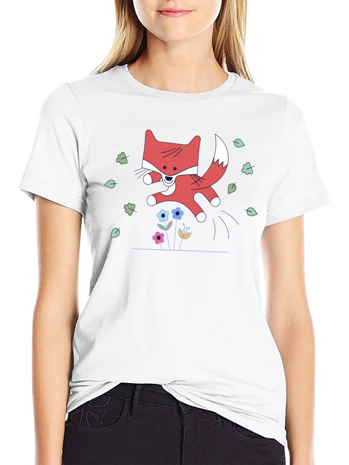 Cute Cartoon Fox Black T-Shirt