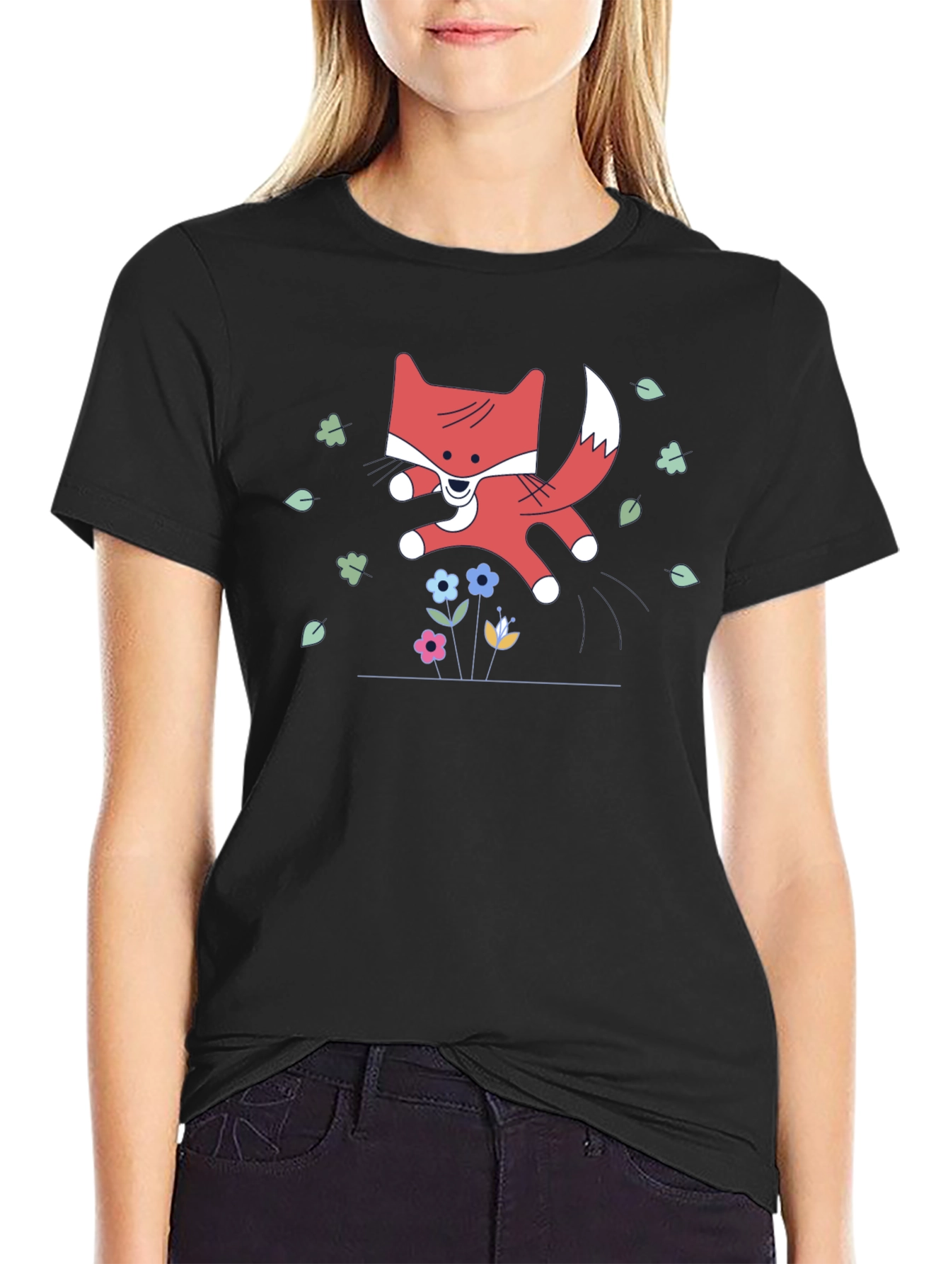 Cute Cartoon Fox Black T-Shirt