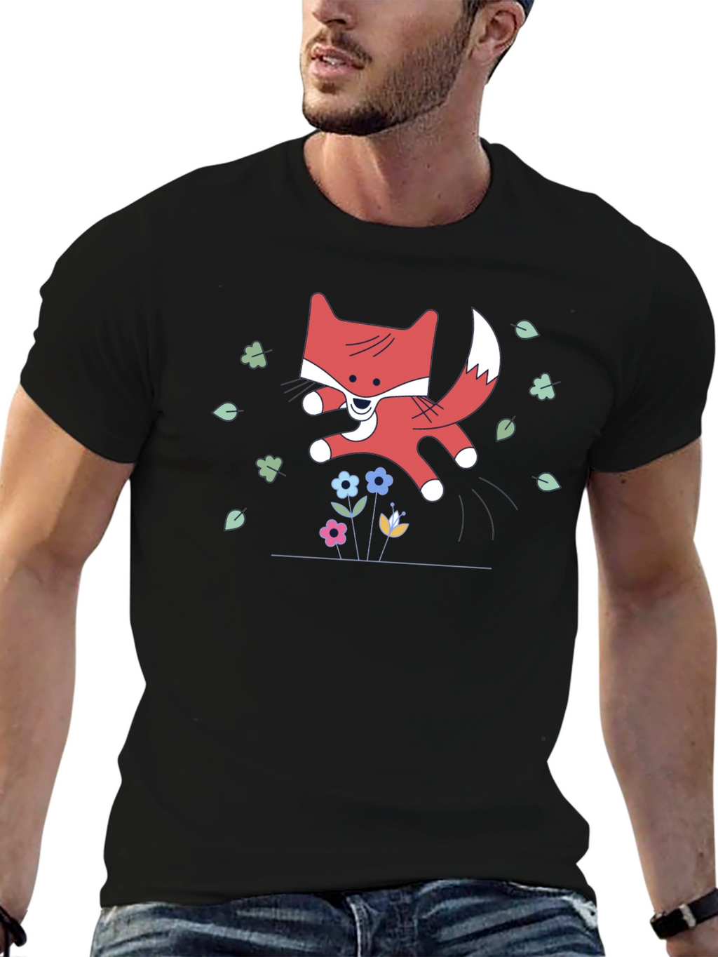 Cute Cartoon Fox Black T-Shirt