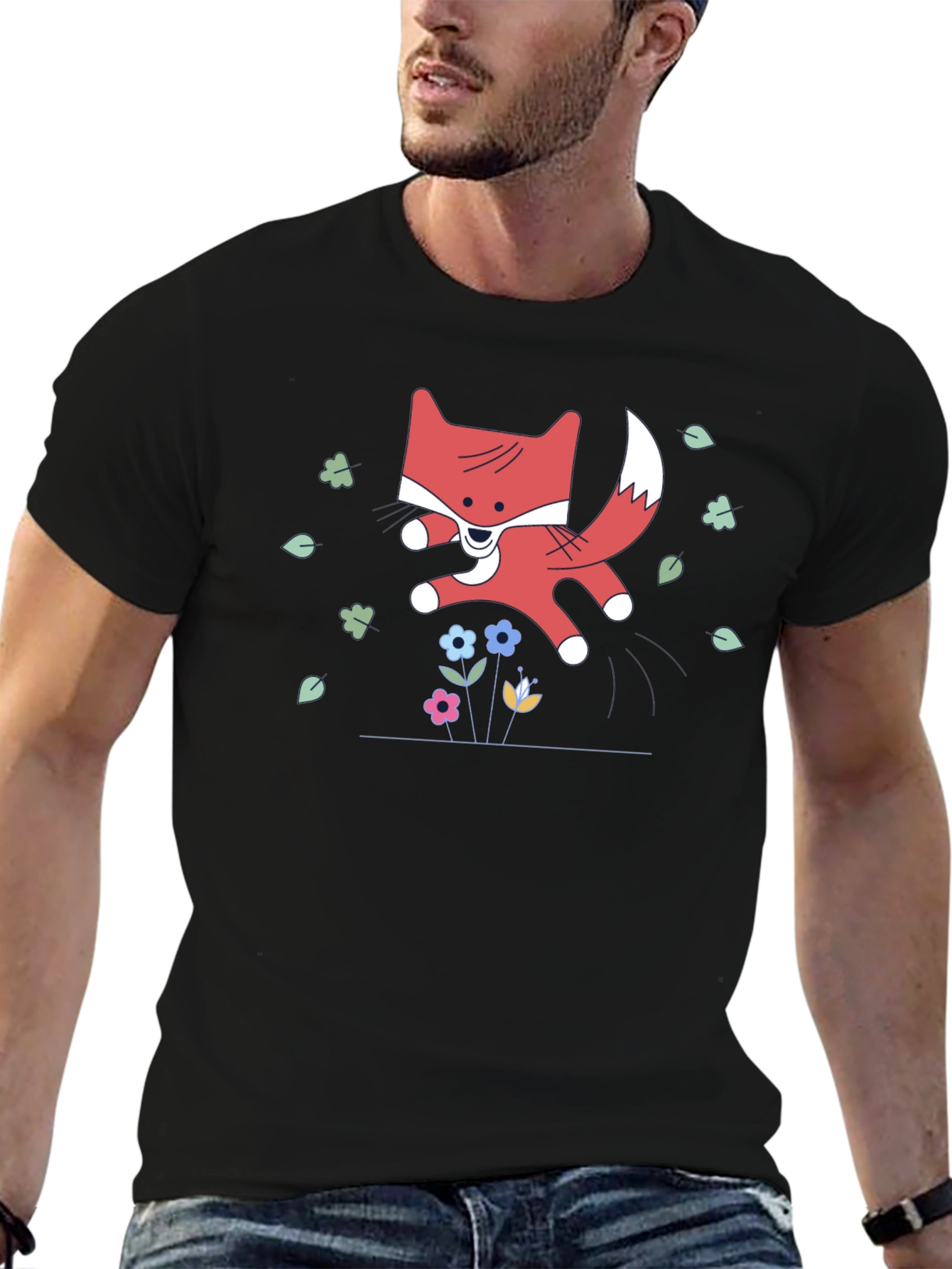 Cute Cartoon Fox Black T-Shirt