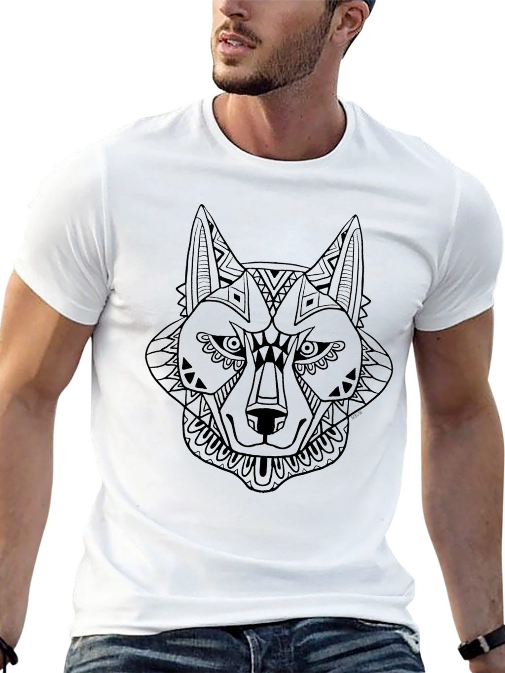 Black T-Shirt with Geometric Wolf Design