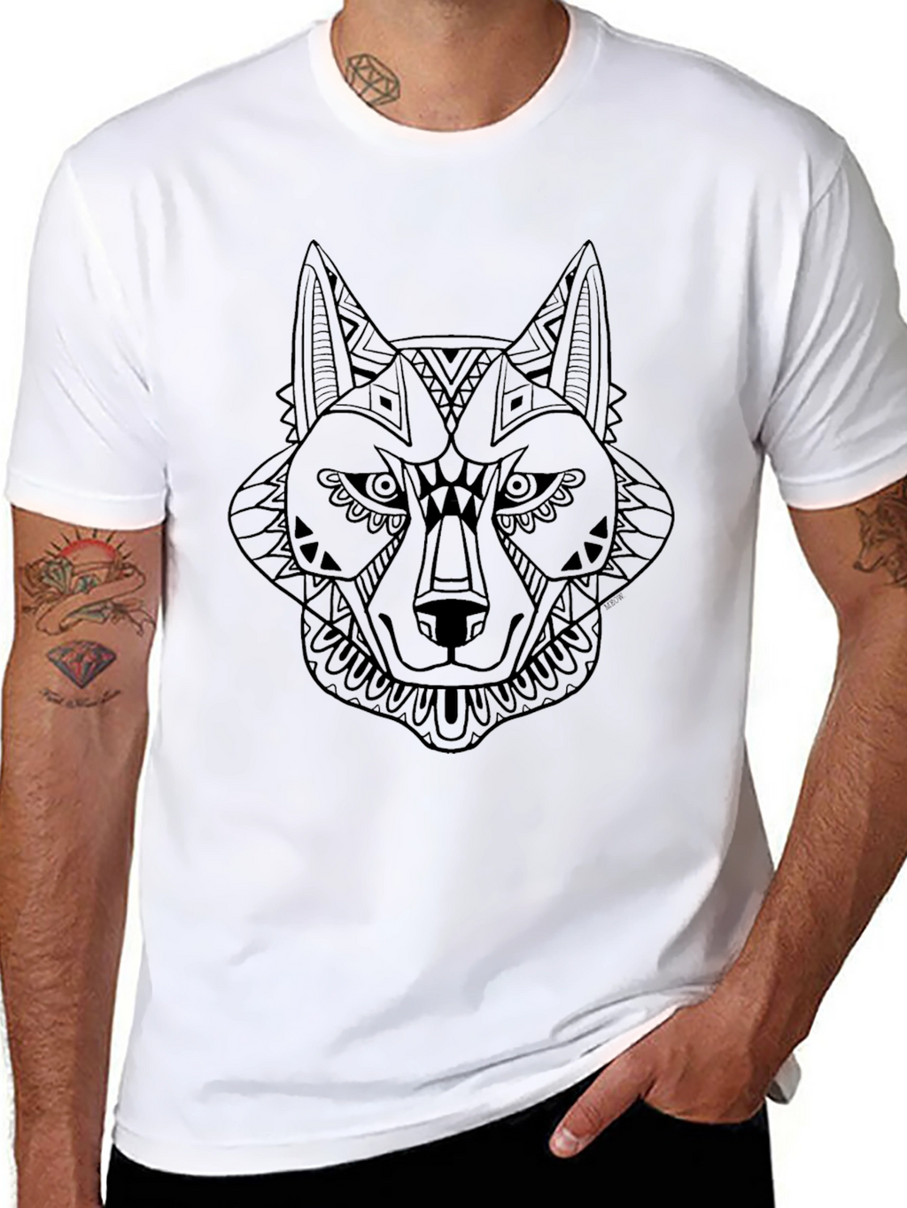 Black T-Shirt with Geometric Wolf Design