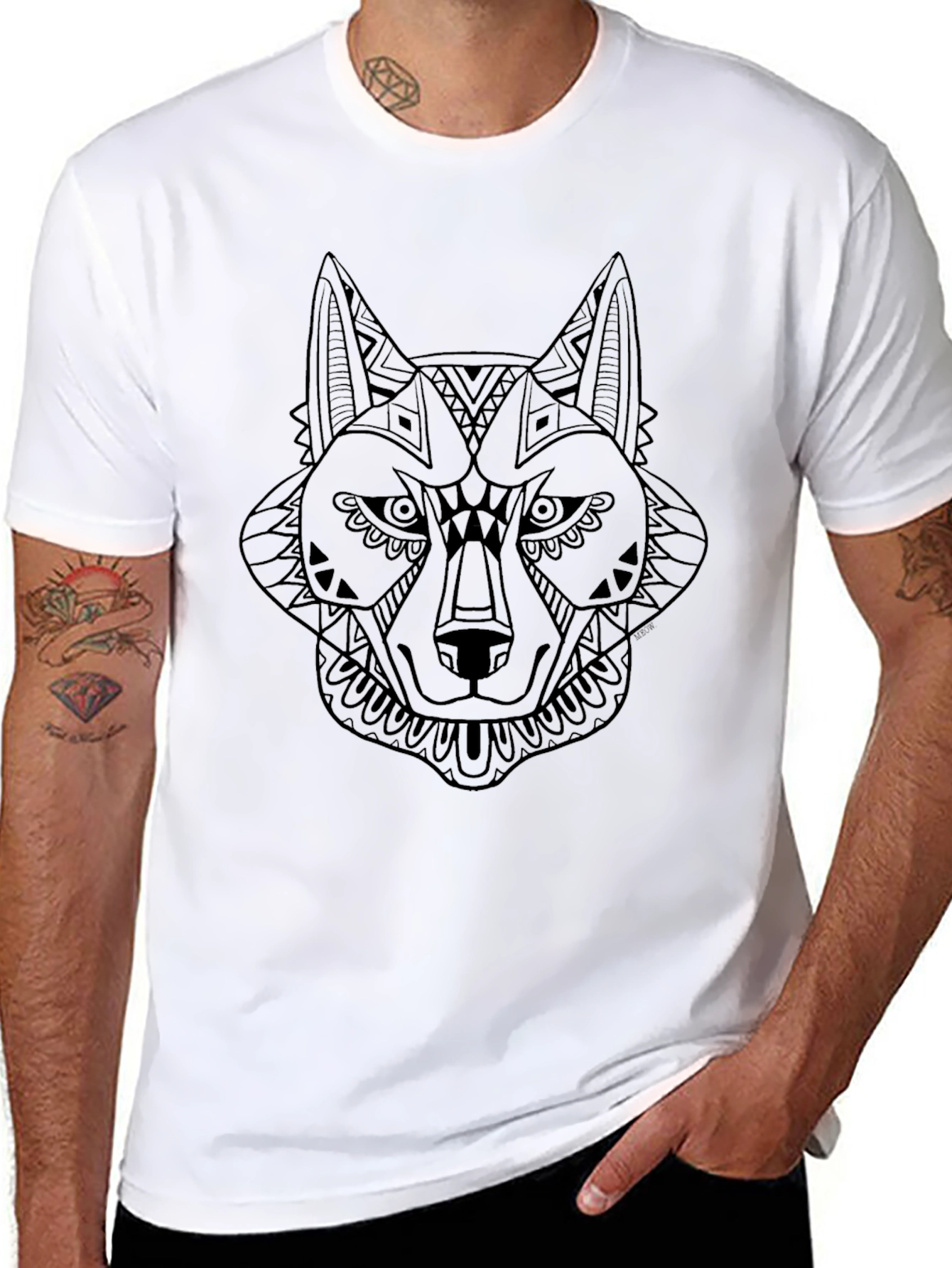 Black T-Shirt with Geometric Wolf Design