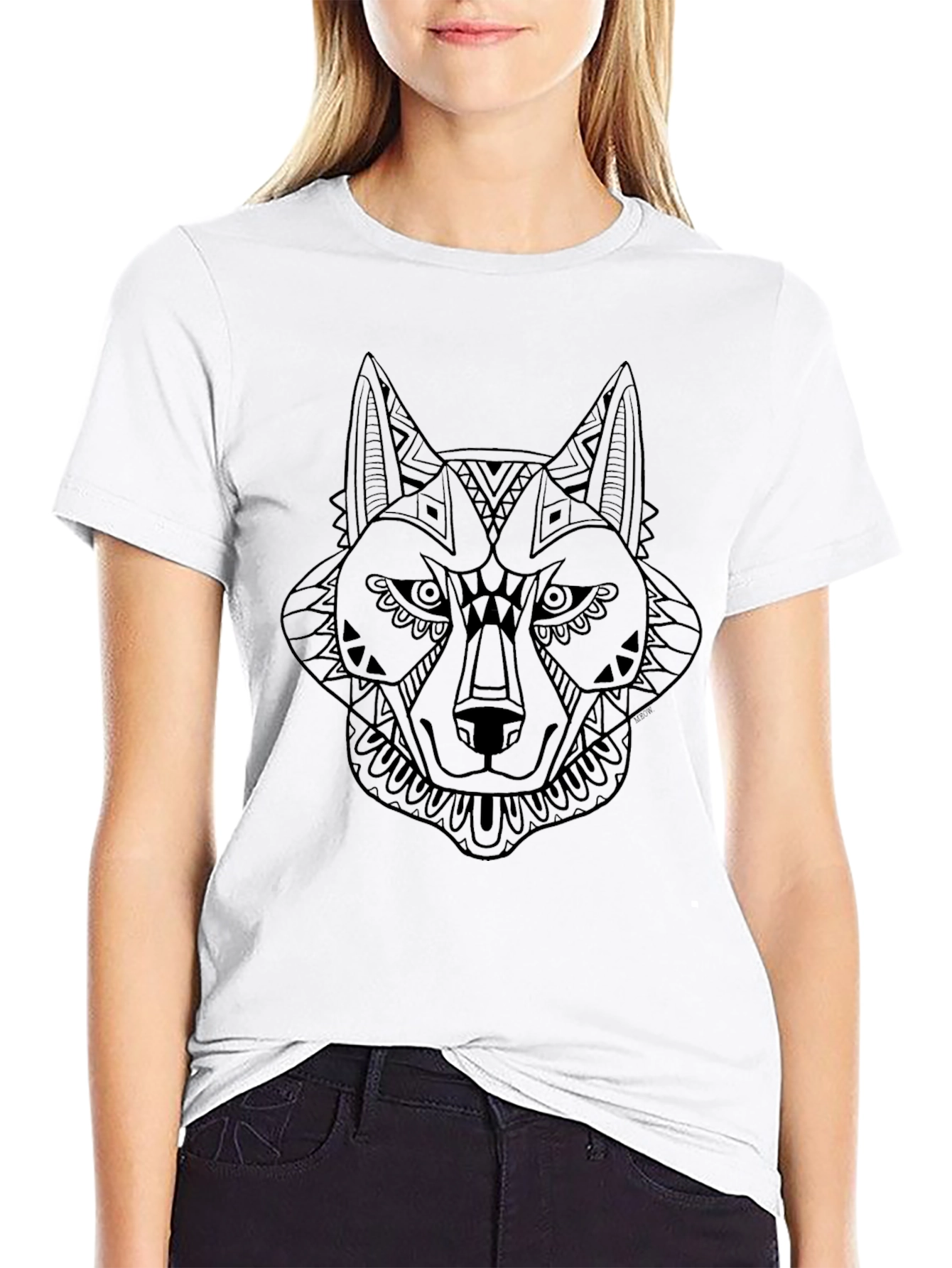 Black T-Shirt with Geometric Wolf Design