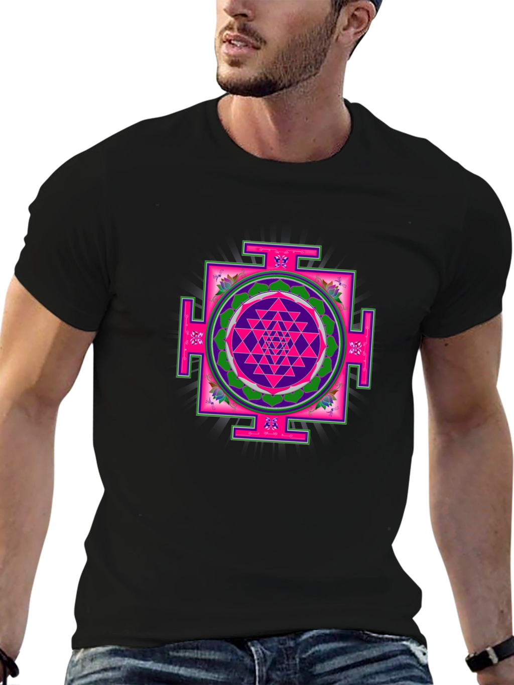 Geometric Mandala Print Black T-Shirt
