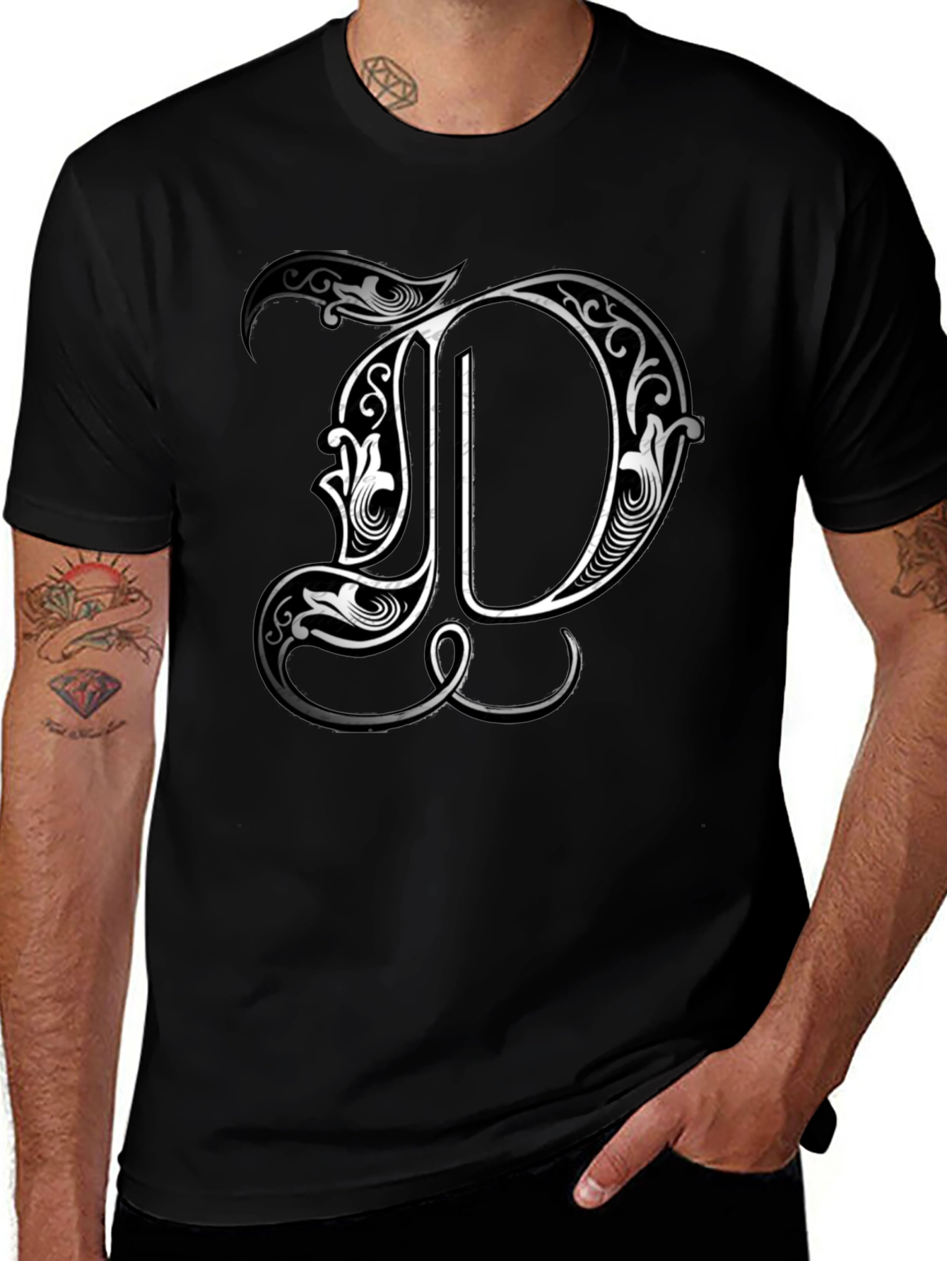 Ornate Letter D Graphic Tee - Stylish Black T-Shirt