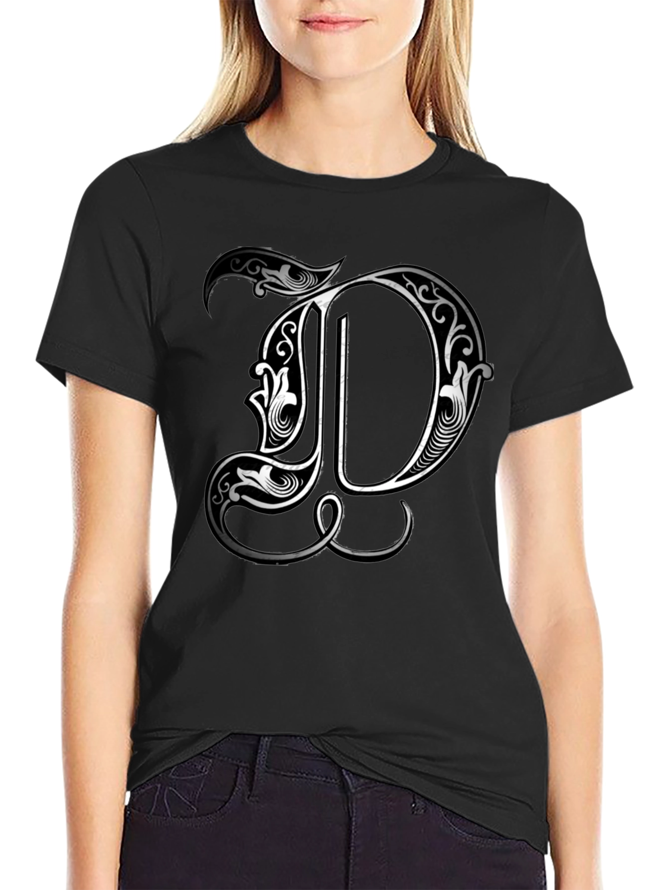 Ornate Letter D Graphic Tee - Stylish Black T-Shirt
