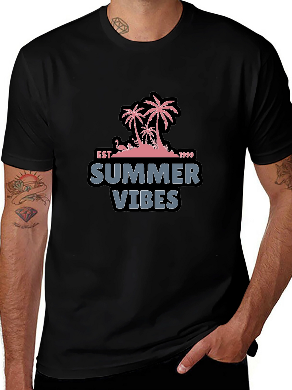 Summer Vibes Black T-Shirt with Palm Tree Design