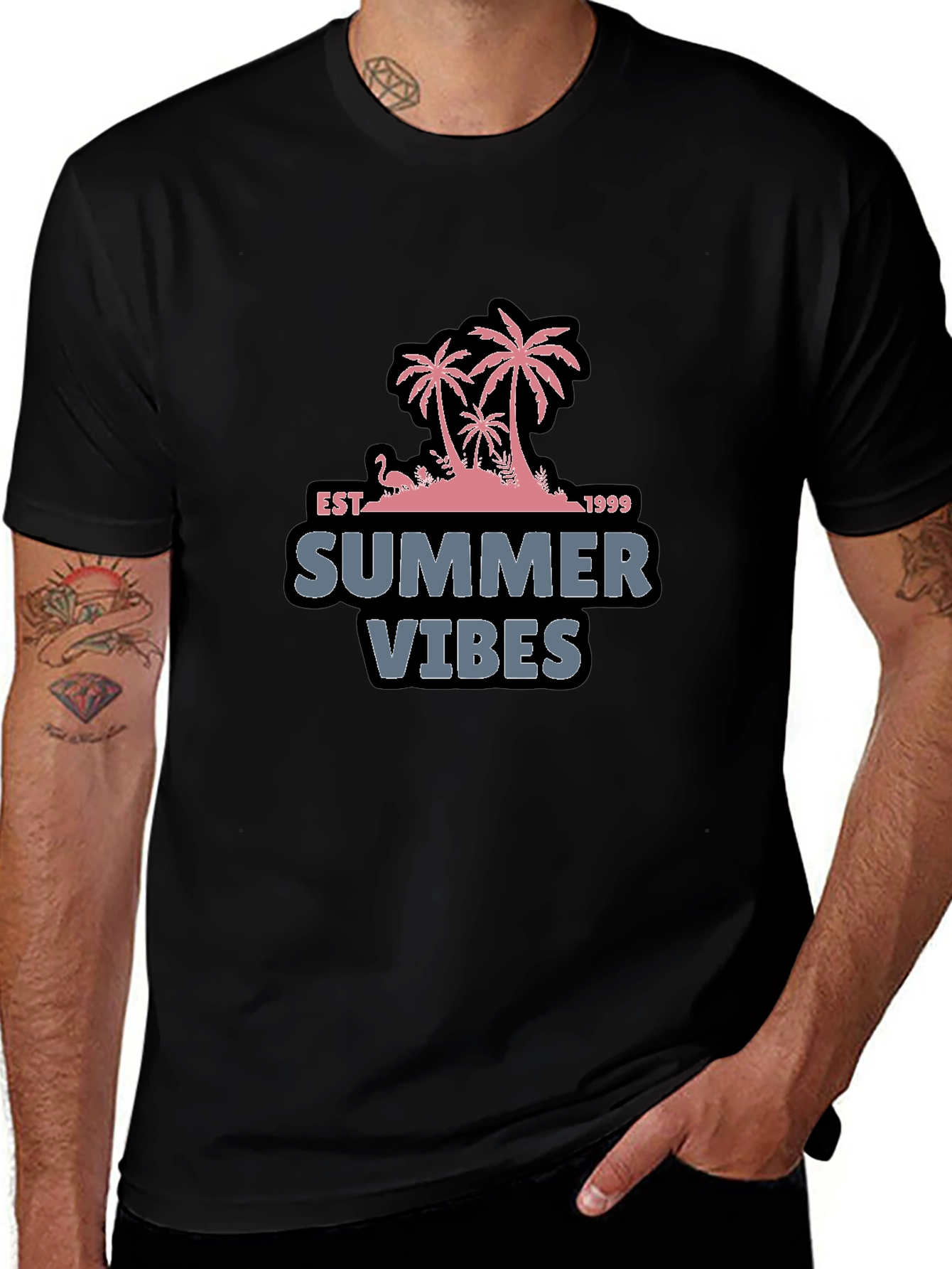 Summer Vibes Black T-Shirt with Palm Tree Design