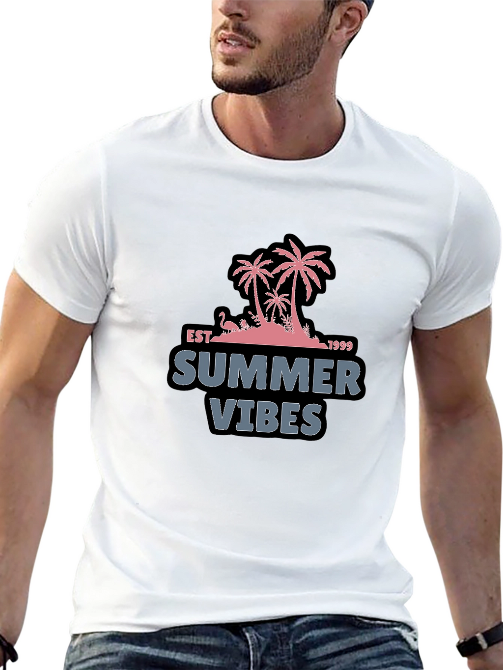 Summer Vibes Black T-Shirt with Palm Tree Design