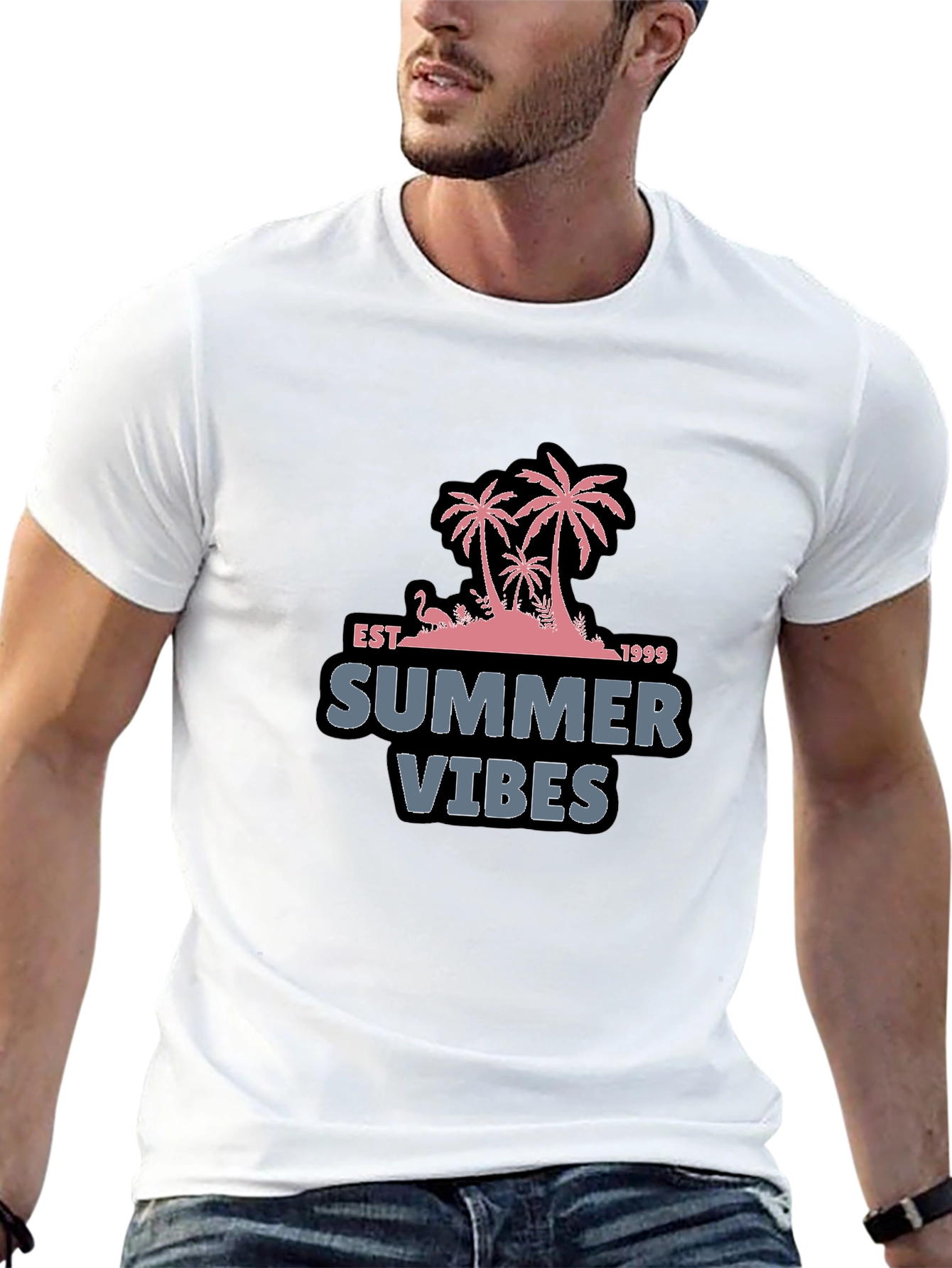 Summer Vibes Black T-Shirt with Palm Tree Design
