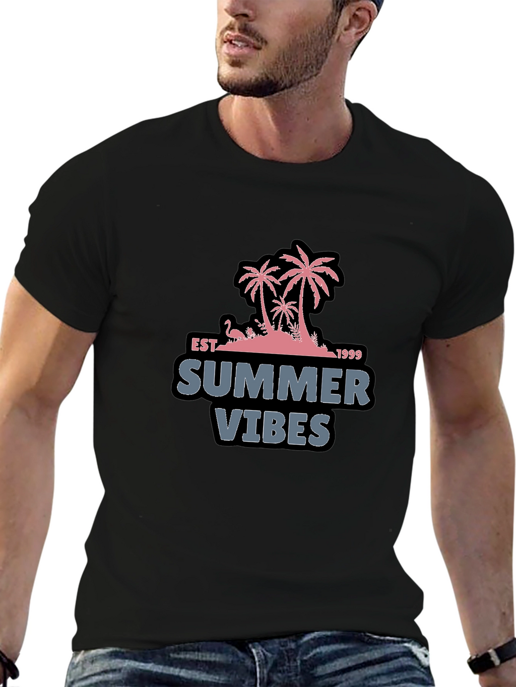 Summer Vibes Black T-Shirt with Palm Tree Design