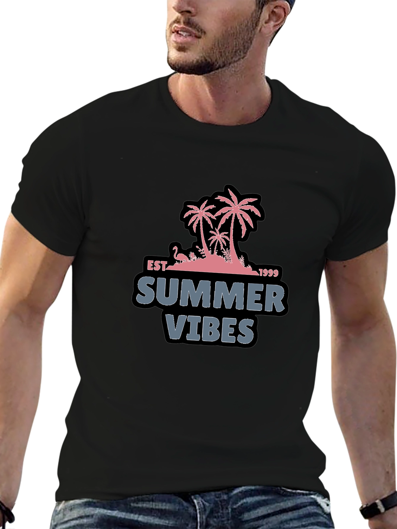 Summer Vibes Black T-Shirt with Palm Tree Design
