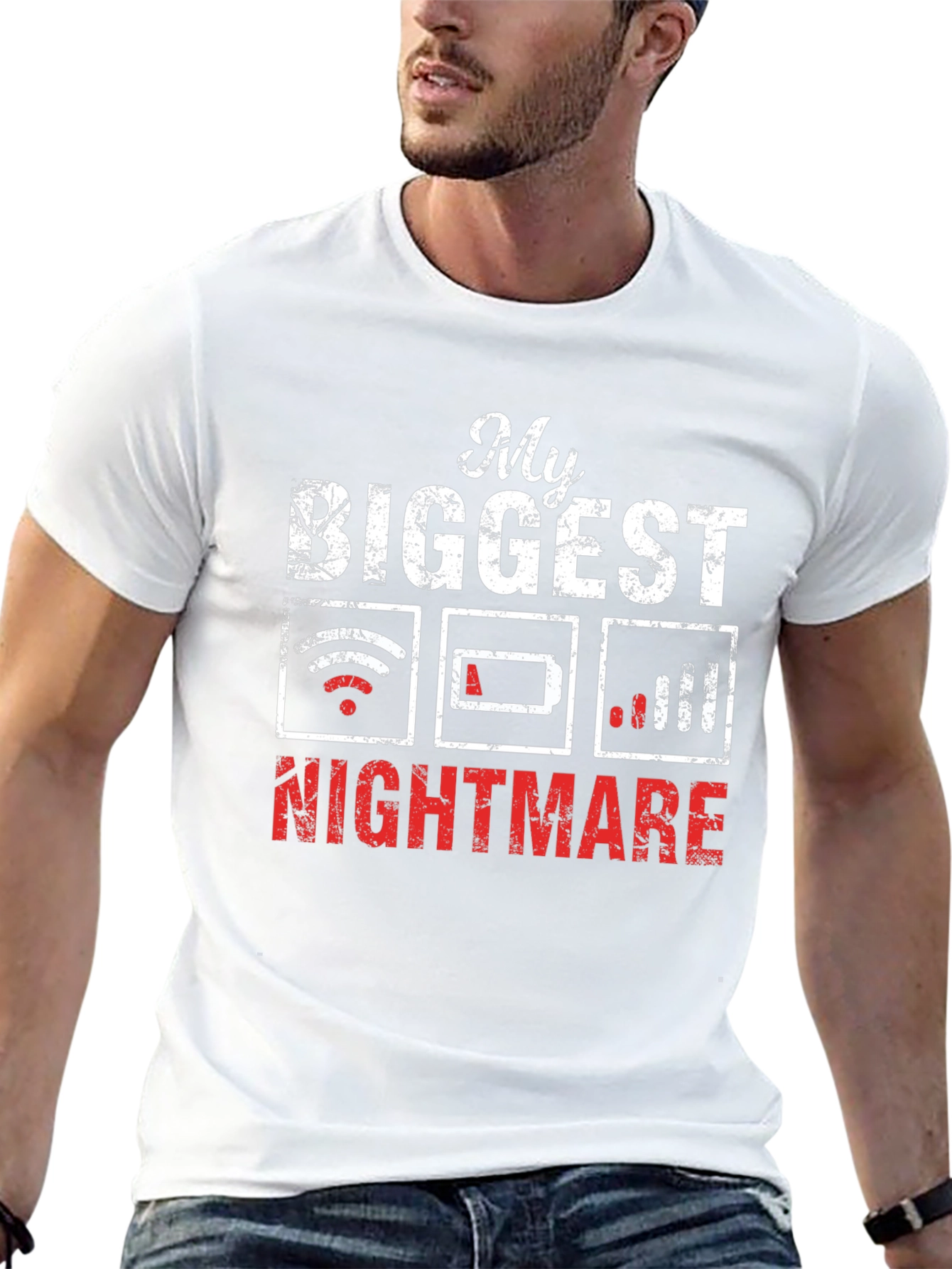 Tech Nightmare T-Shirt: Low Battery No WiFi Weak Signal