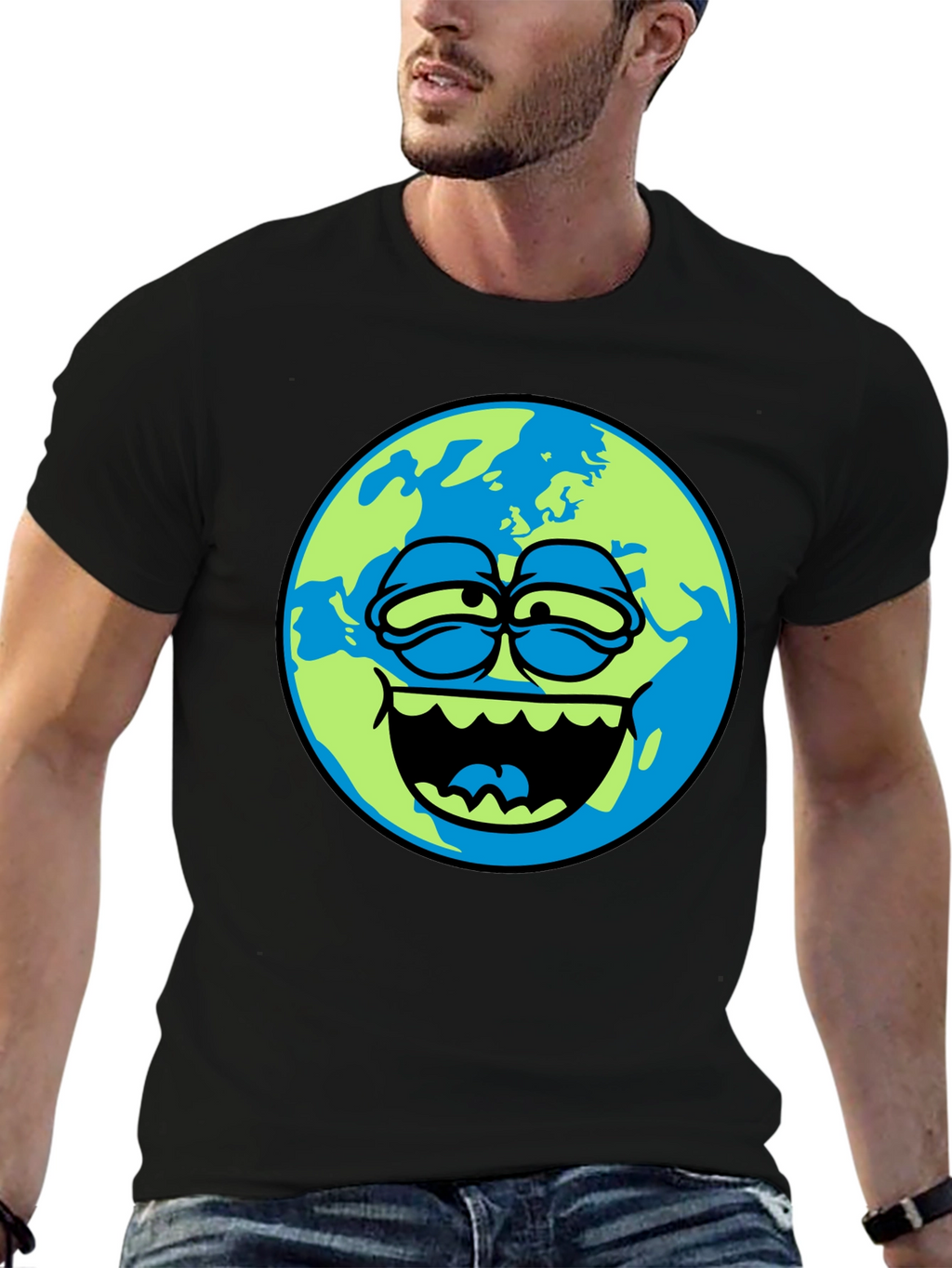 Cartoon Earth Graphic Tee - Mens Black T-Shirt