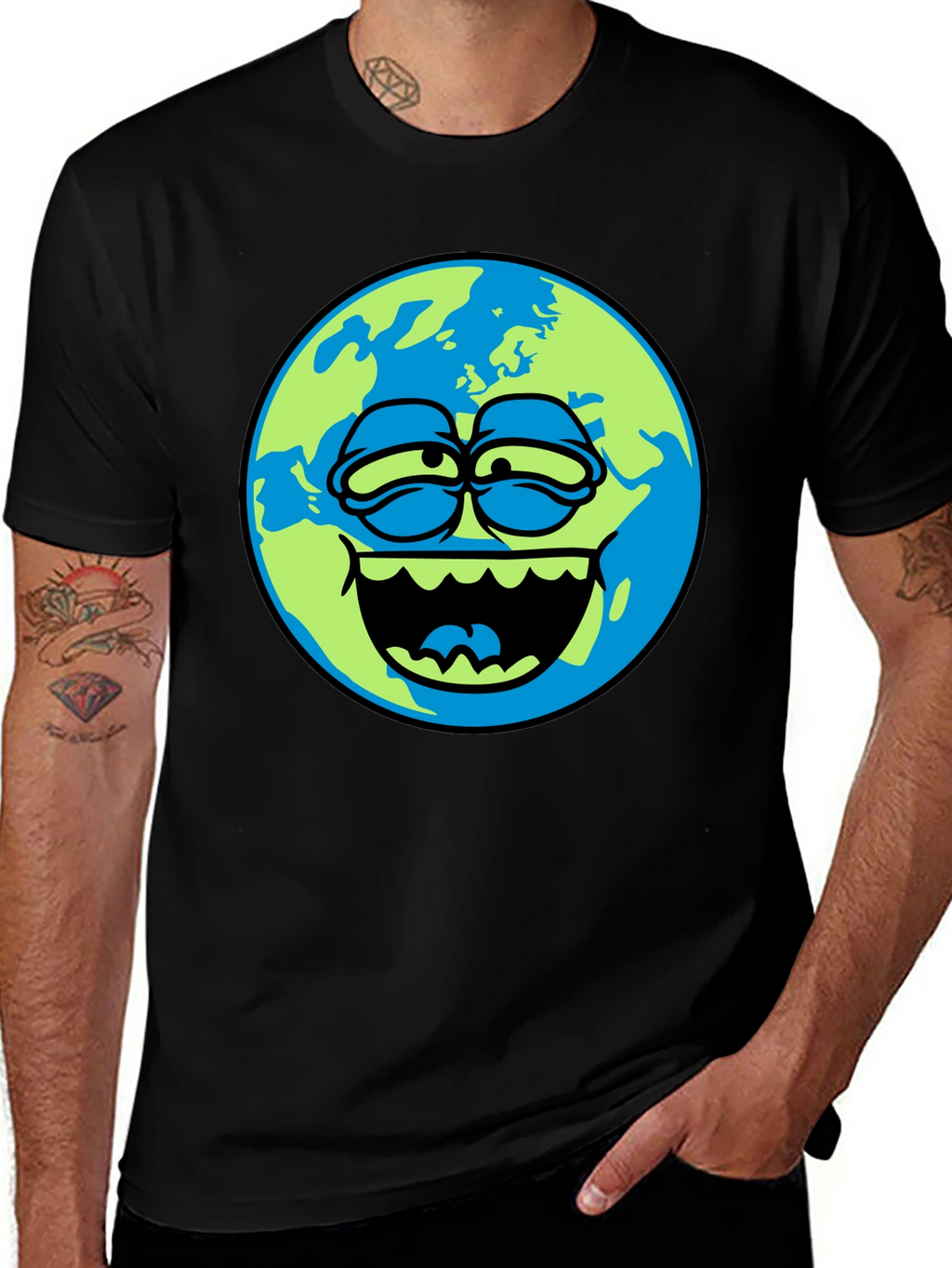 Cartoon Earth Graphic Tee - Mens Black T-Shirt