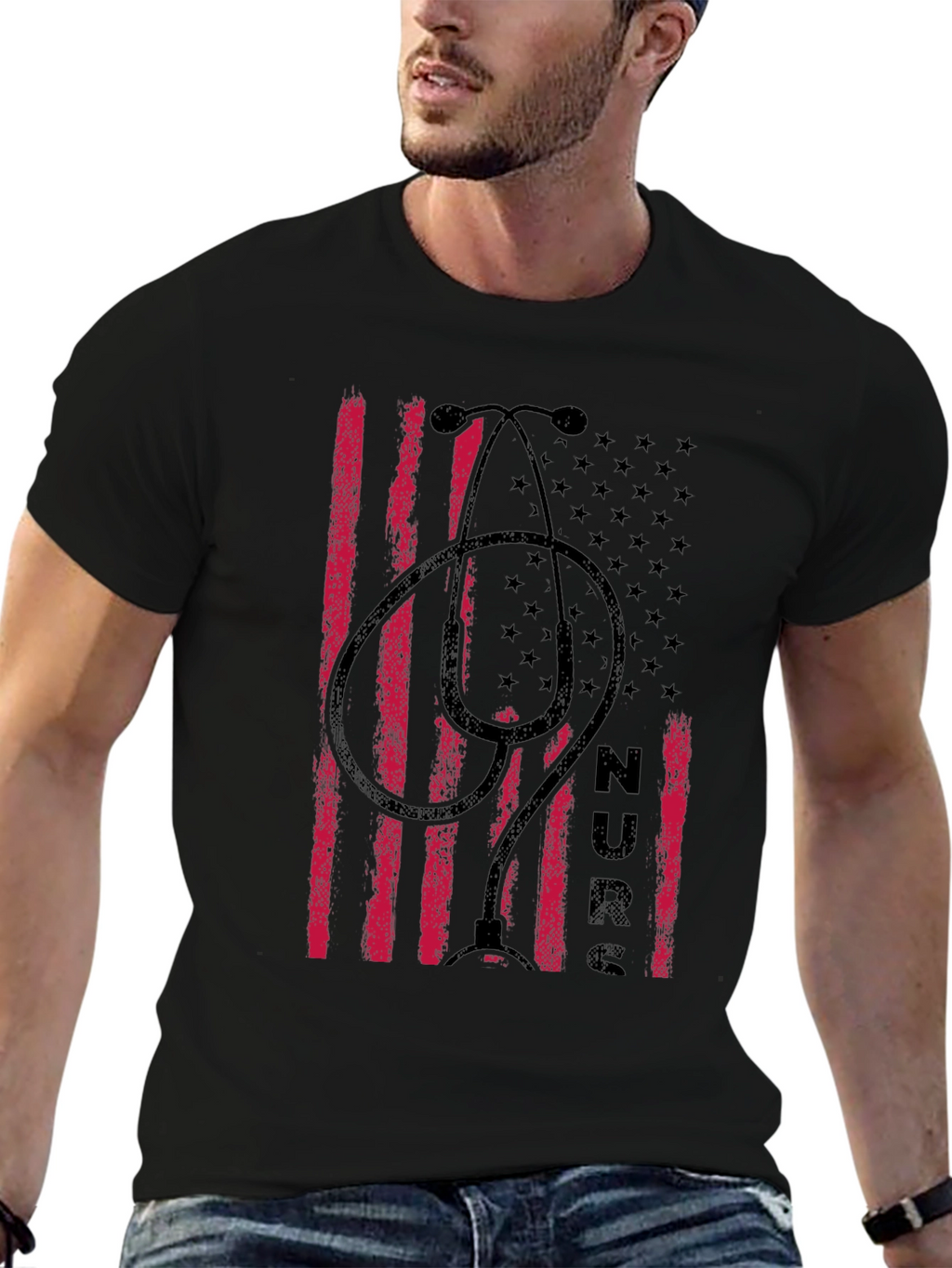 Nurse American Flag Stethoscope Graphic T-Shirt