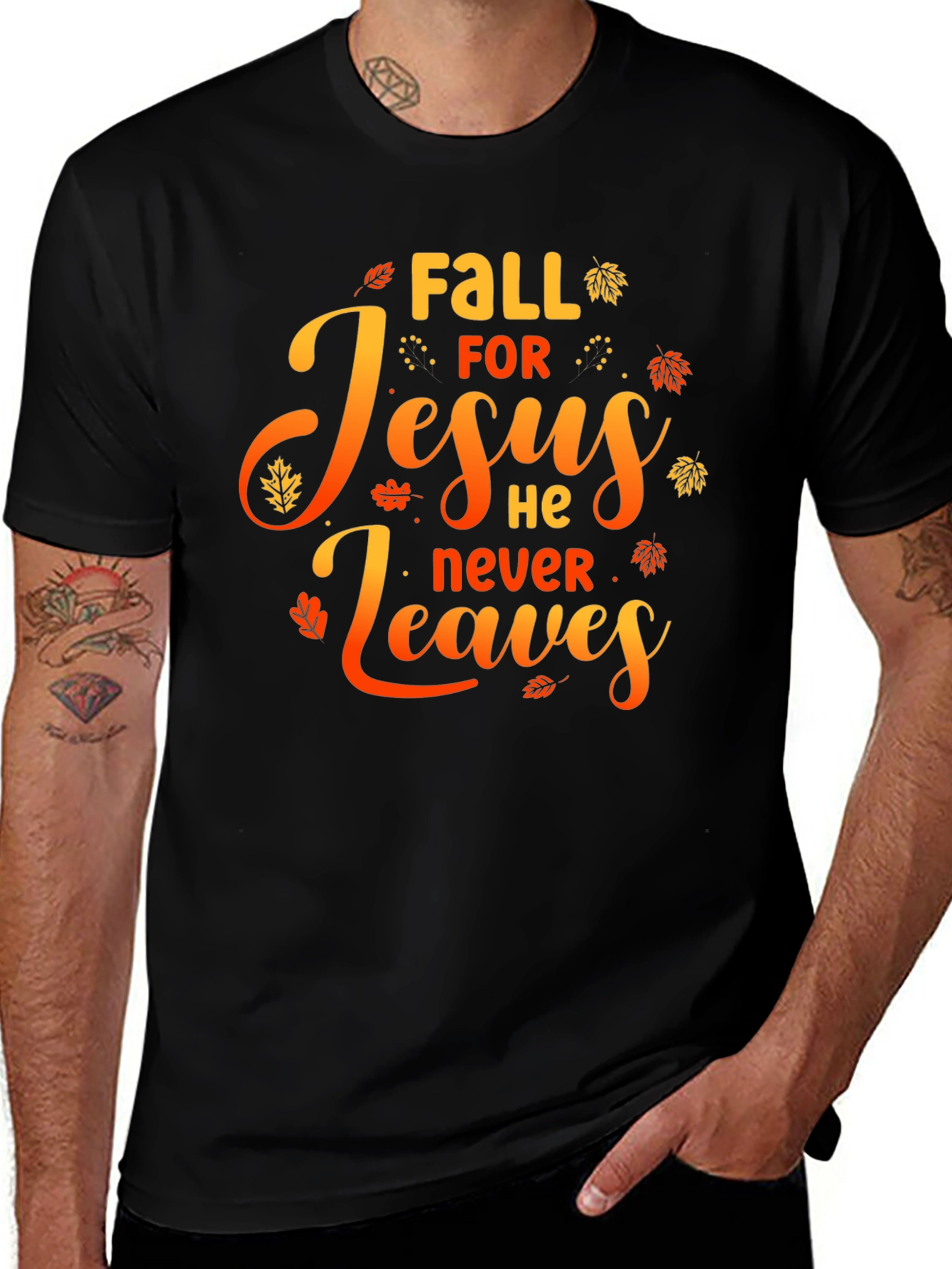 Fall for Jesus He Never Leaves Black Graphic Tee