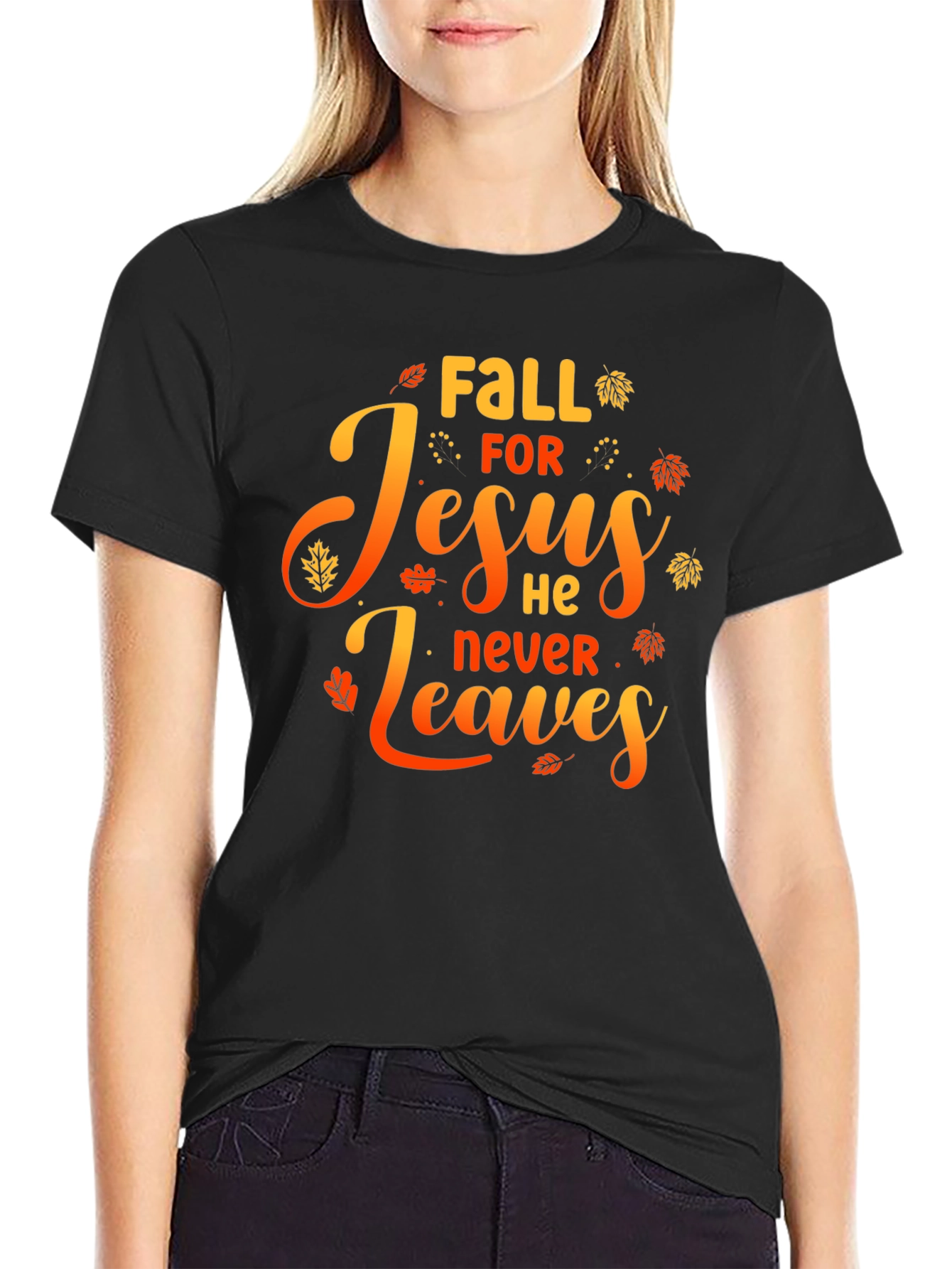 Fall for Jesus He Never Leaves Black Graphic Tee