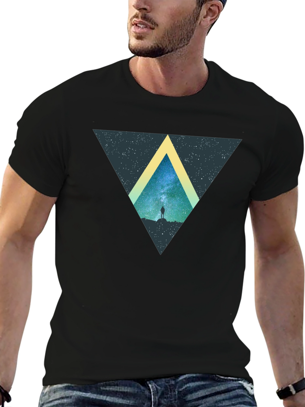 Cosmic Triangle Black T-Shirt - Starry Night Design